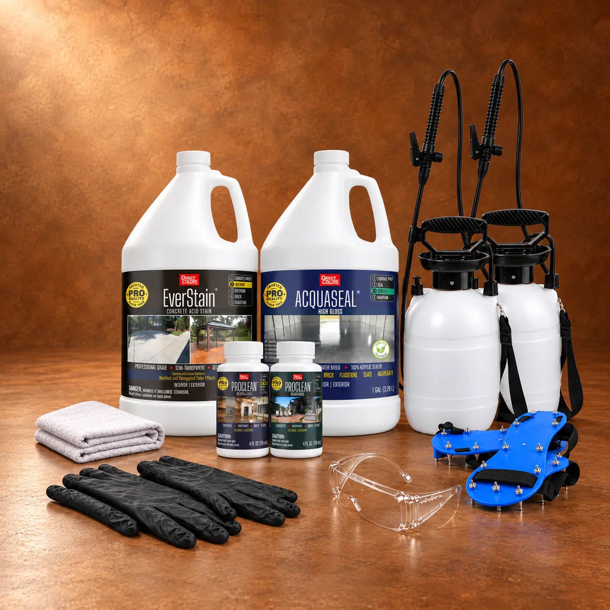EverStain™ Acid Stain in Cola with ProClean Neutralizer™ and AcquaSeal™ High Gloss, a pump sprayer and application tools 3-step kit