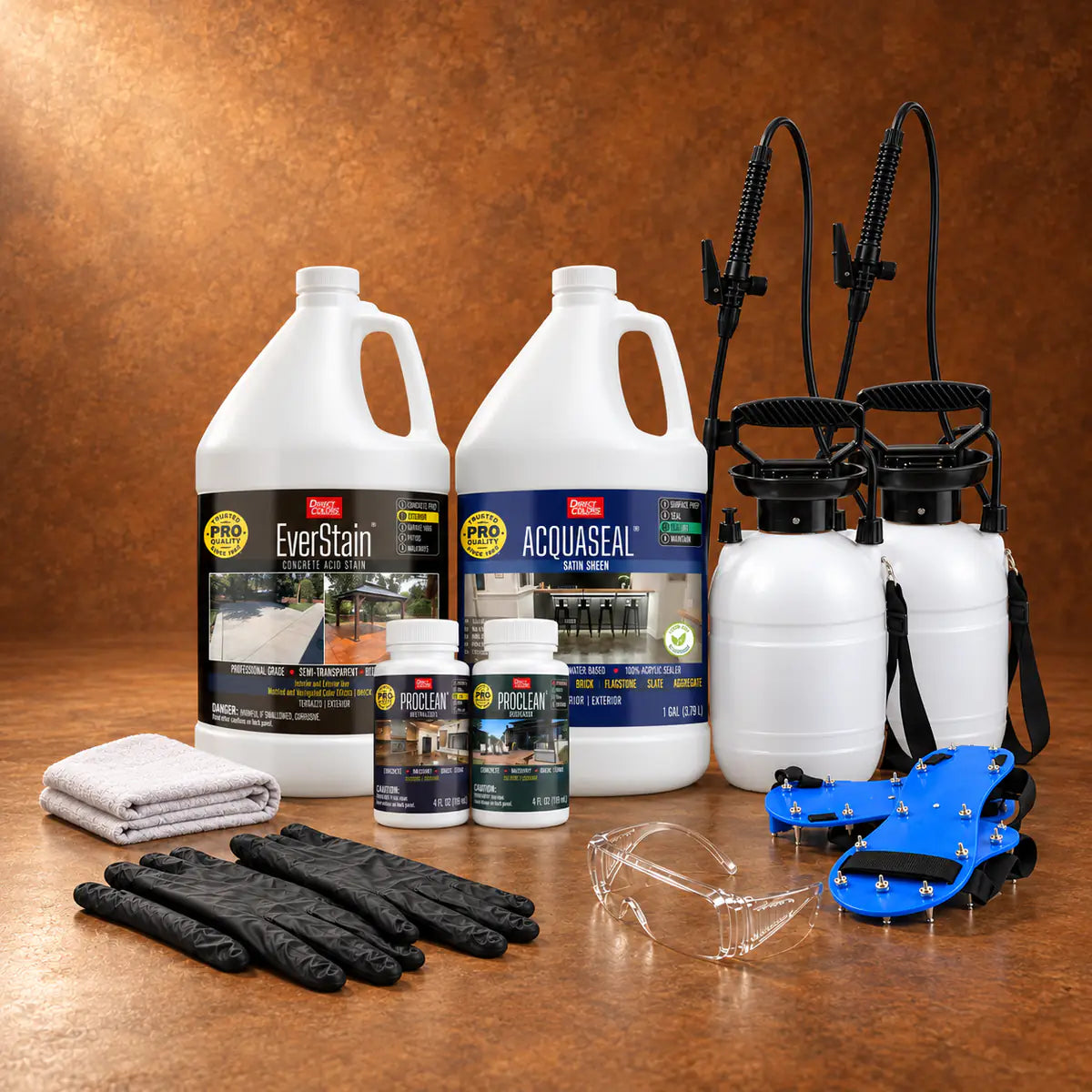 EverStain™ Acid Stain in Cola with ProClean Neutralizer™ and AcquaSeal™ Satin, a pump sprayer and application tools, 1 gallon 3-step kit