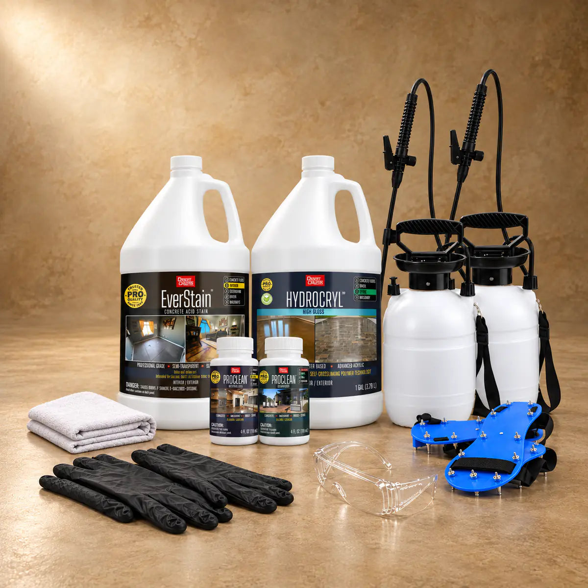 EverStain™ Acid Stain in Desert Amber with ProClean Neutralizer™ and HydroCryl™ High Gloss, a pump sprayer and application tools, 1 gallon 3-step kit