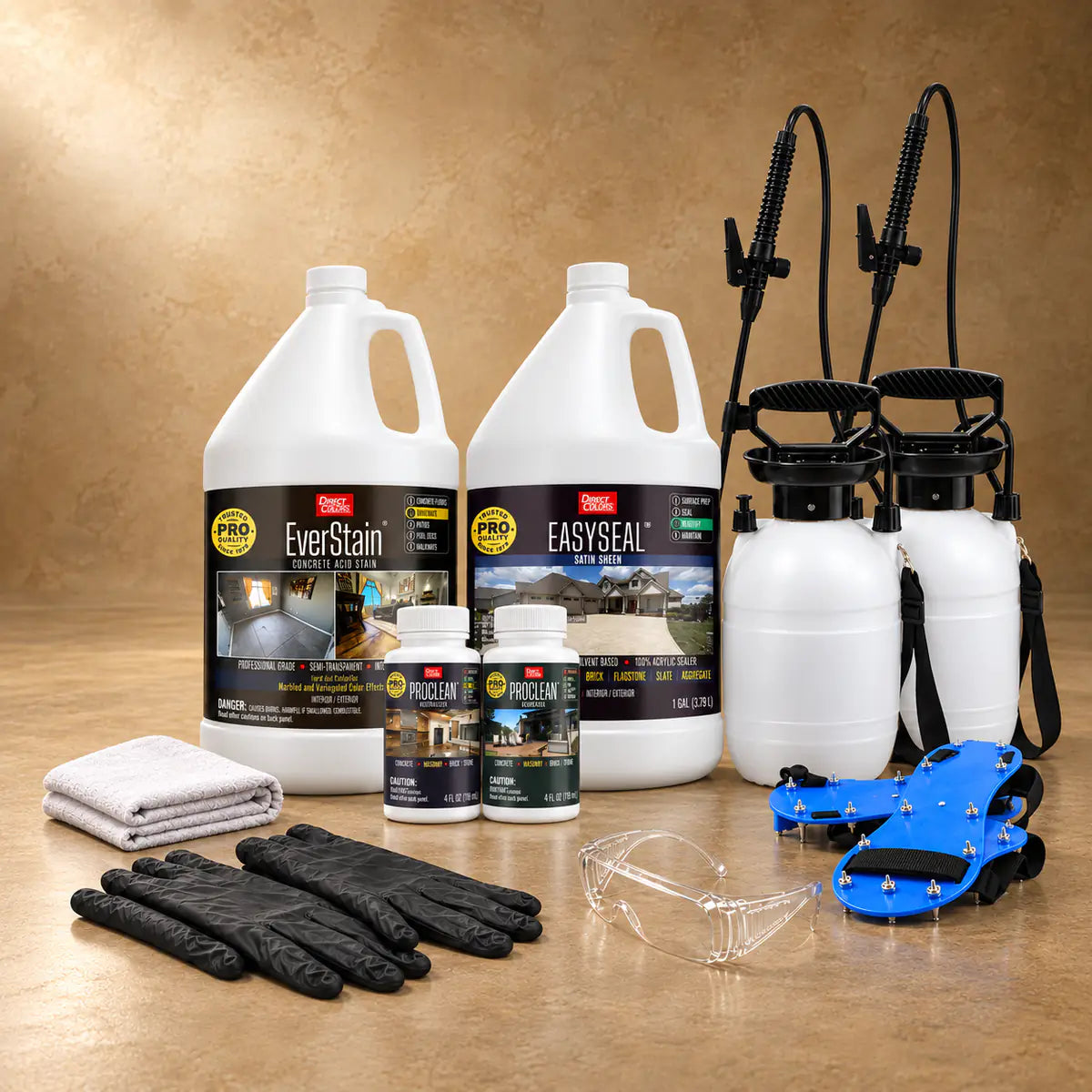 EverStain™ Acid Stain in Desert Amber with ProClean Neutralizer™ and EasySeal™ Satin, a pump sprayer and application tools, 1 gallon 3-step kit