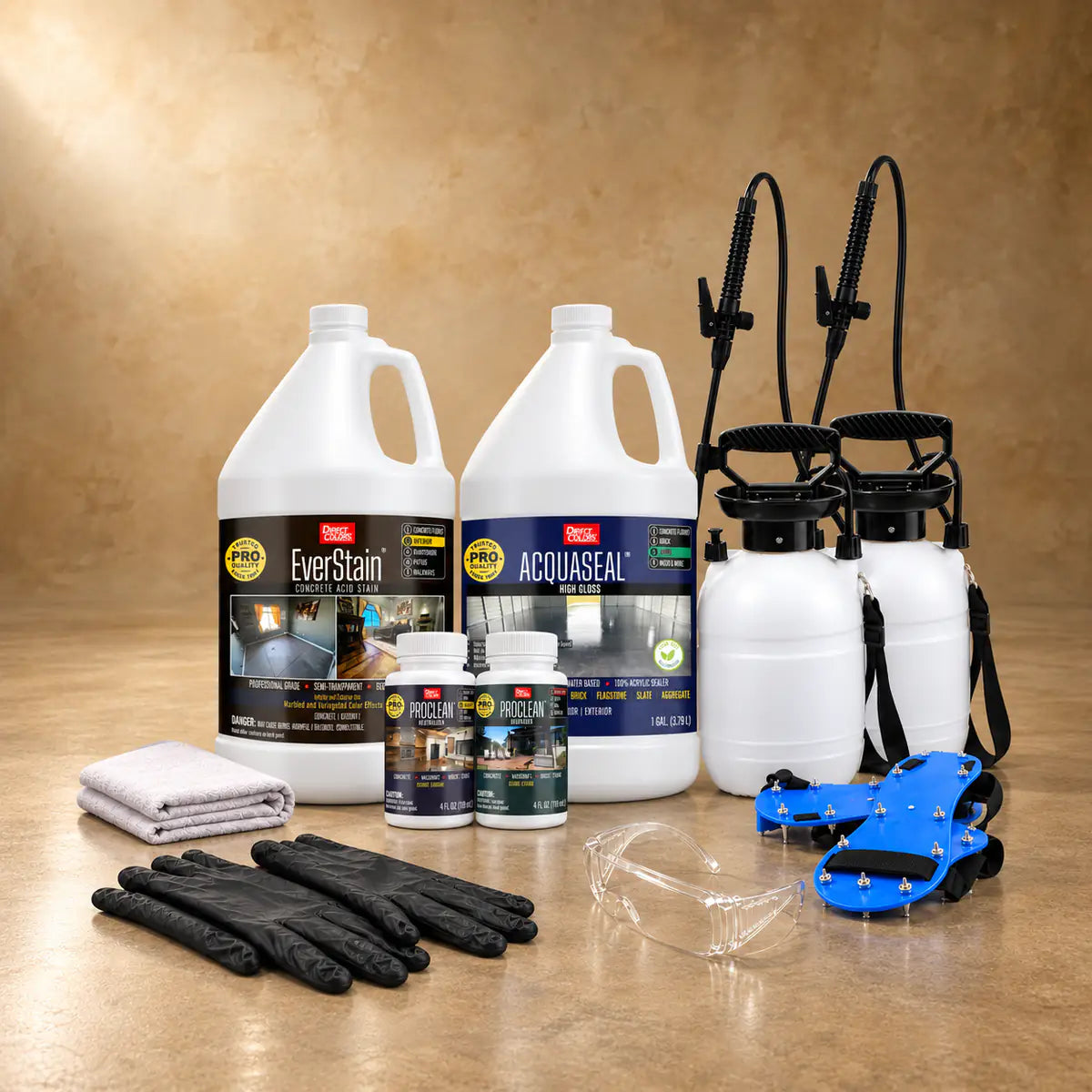 EverStain™ Acid Stain in Desert Amber with ProClean Neutralizer™ and AcquaSeal™ High Gloss, a pump sprayer and application tools, 1 gallon 3-step kit
