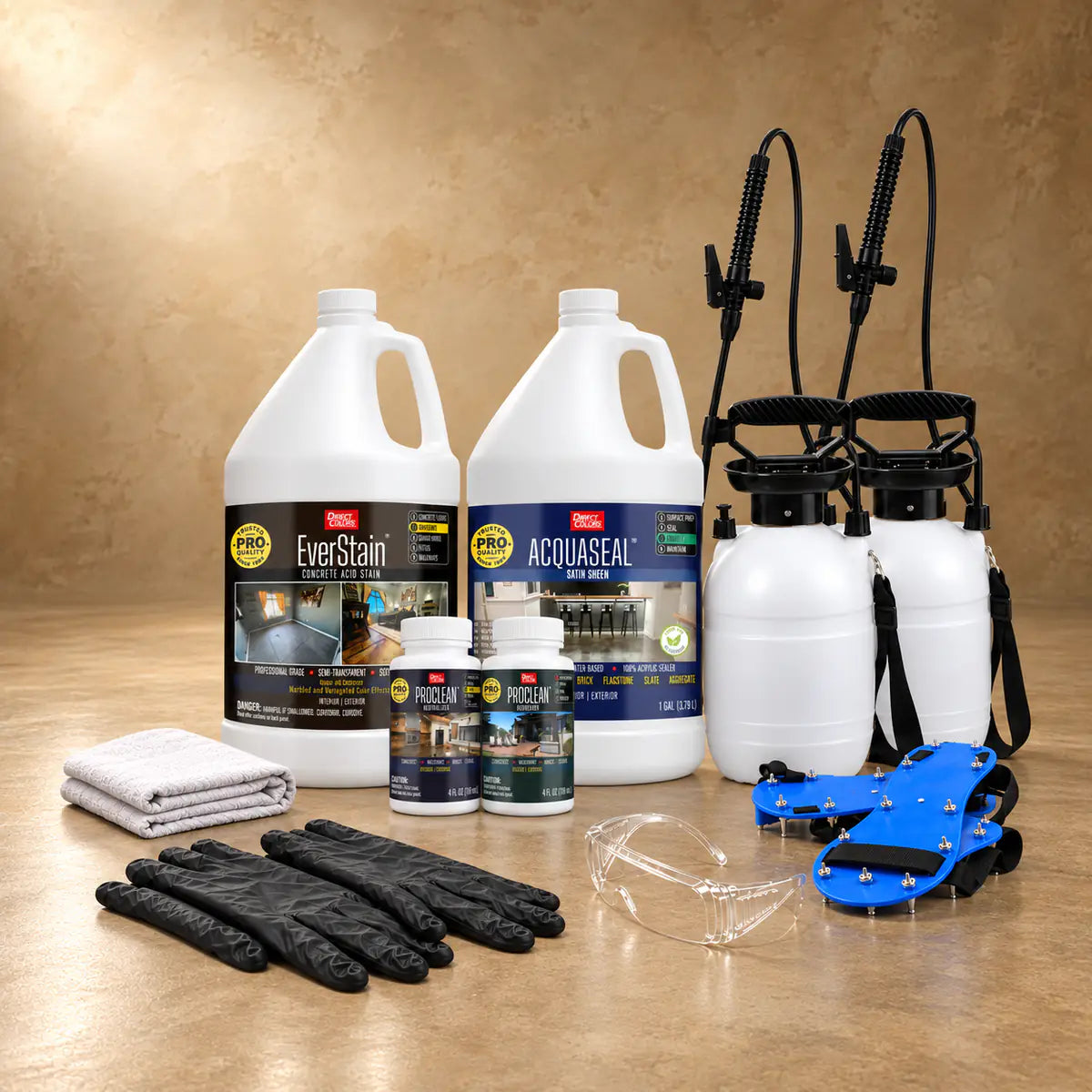 EverStain™ Acid Stain in Desert Amber with ProClean Neutralizer™ and AcquaSeal™ Satin, a pump sprayer and application tools, 1 gallon 3-step kit
