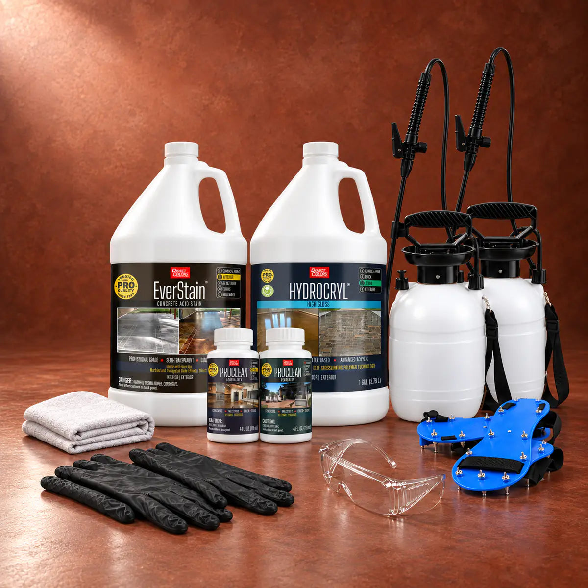 EverStain™ Acid Stain in English Red with ProClean Neutralizer™ and HydroCryl™ High Gloss, a pump sprayer and application tools, 1 gallon 3-step kit
