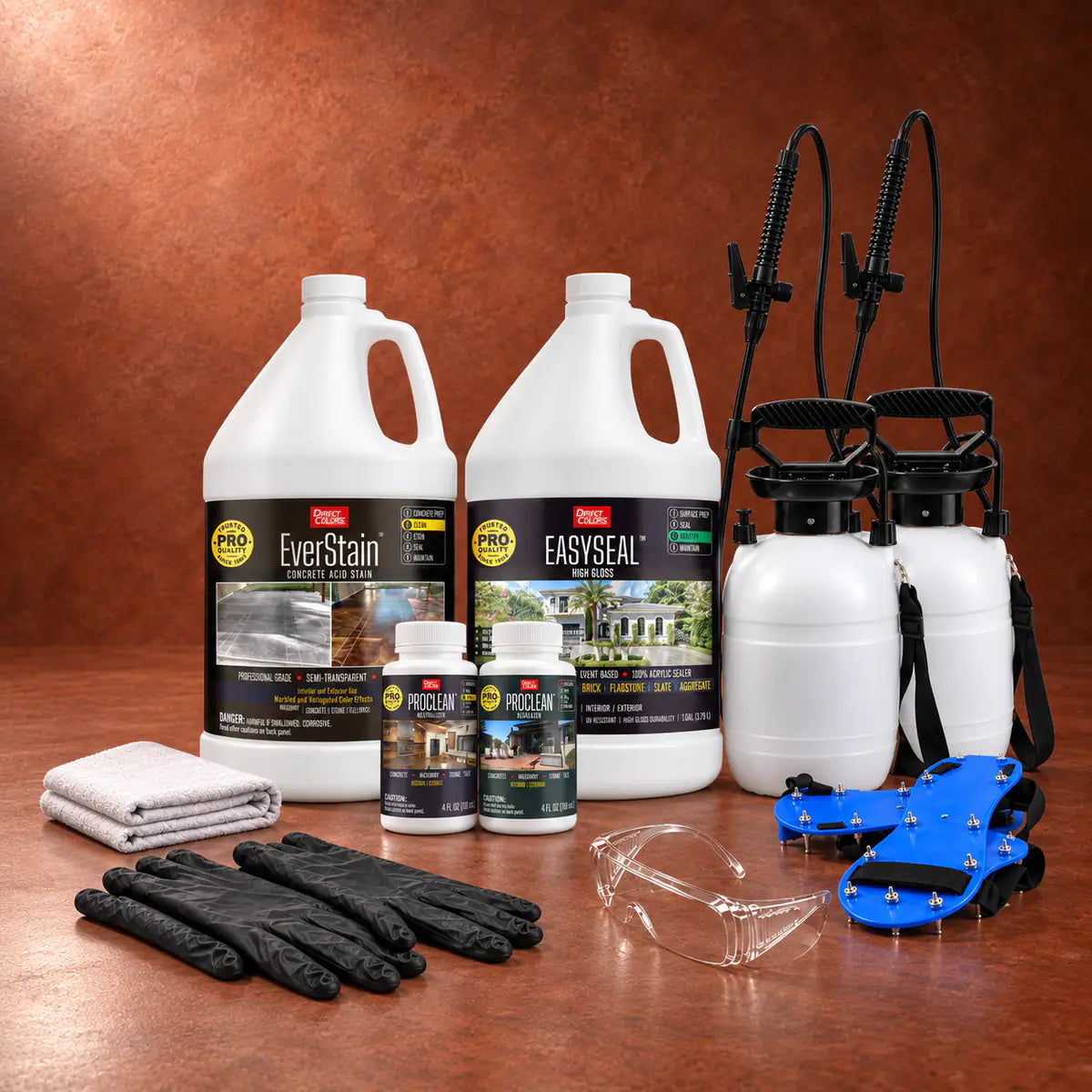 EverStain™ Acid Stain in English Red with ProClean Neutralizer™ and EasySeal™ High Gloss, a pump sprayer and application tools, 1 gallon 3-step kit