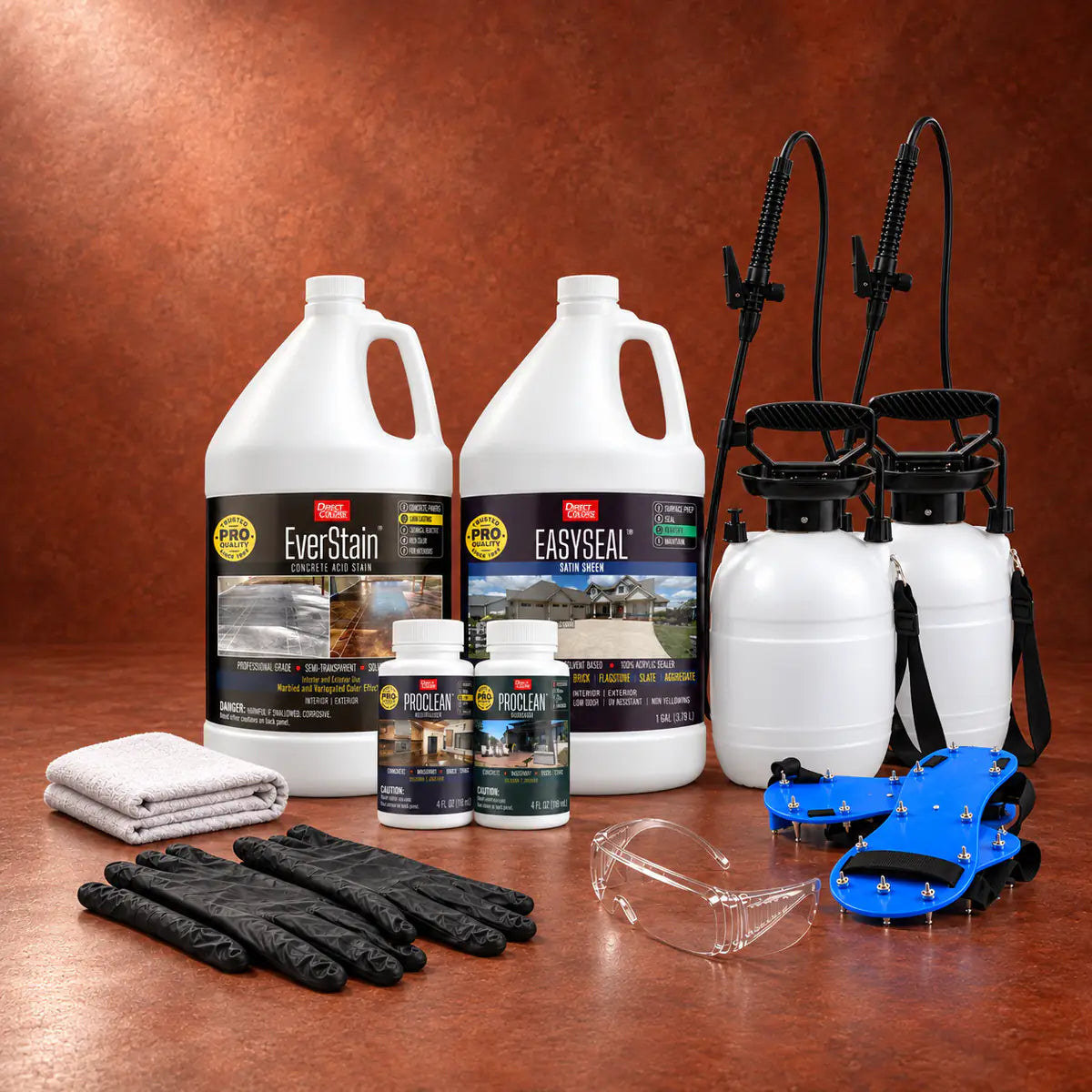 EverStain™ Acid Stain in English Red with ProClean Neutralizer™ and EasySeal™ Satin, a pump sprayer and application tools, 1 gallon 3-step kit