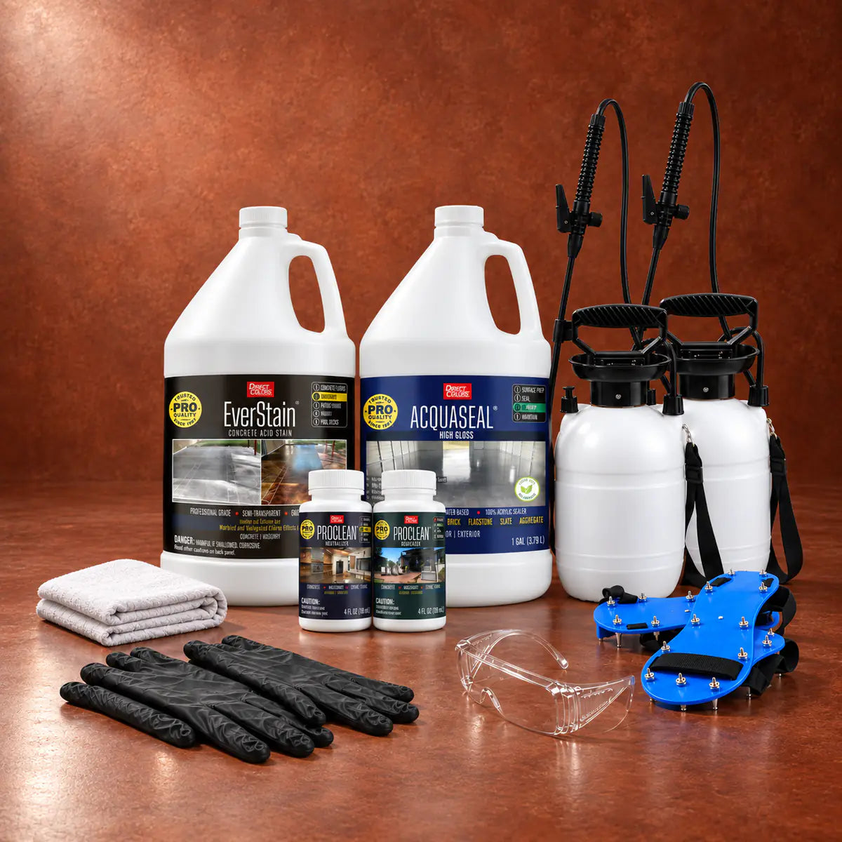EverStain™ Acid Stain in English Red with ProClean Neutralizer™ and AcquaSeal™ High Gloss, a pump sprayer and application tools, 1 gallon 3-step kit