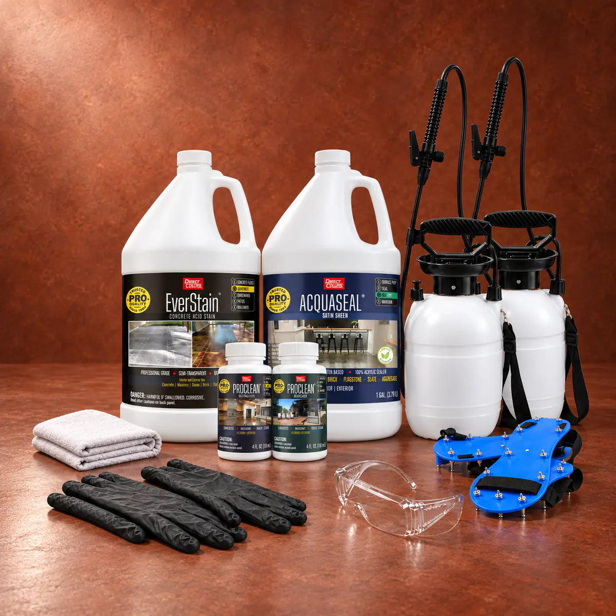 EverStain™ Acid Stain in English Red with ProClean Neutralizer™ and AcquaSeal™ Satin, a pump sprayer and application tools, 1 gallon 3-step kit