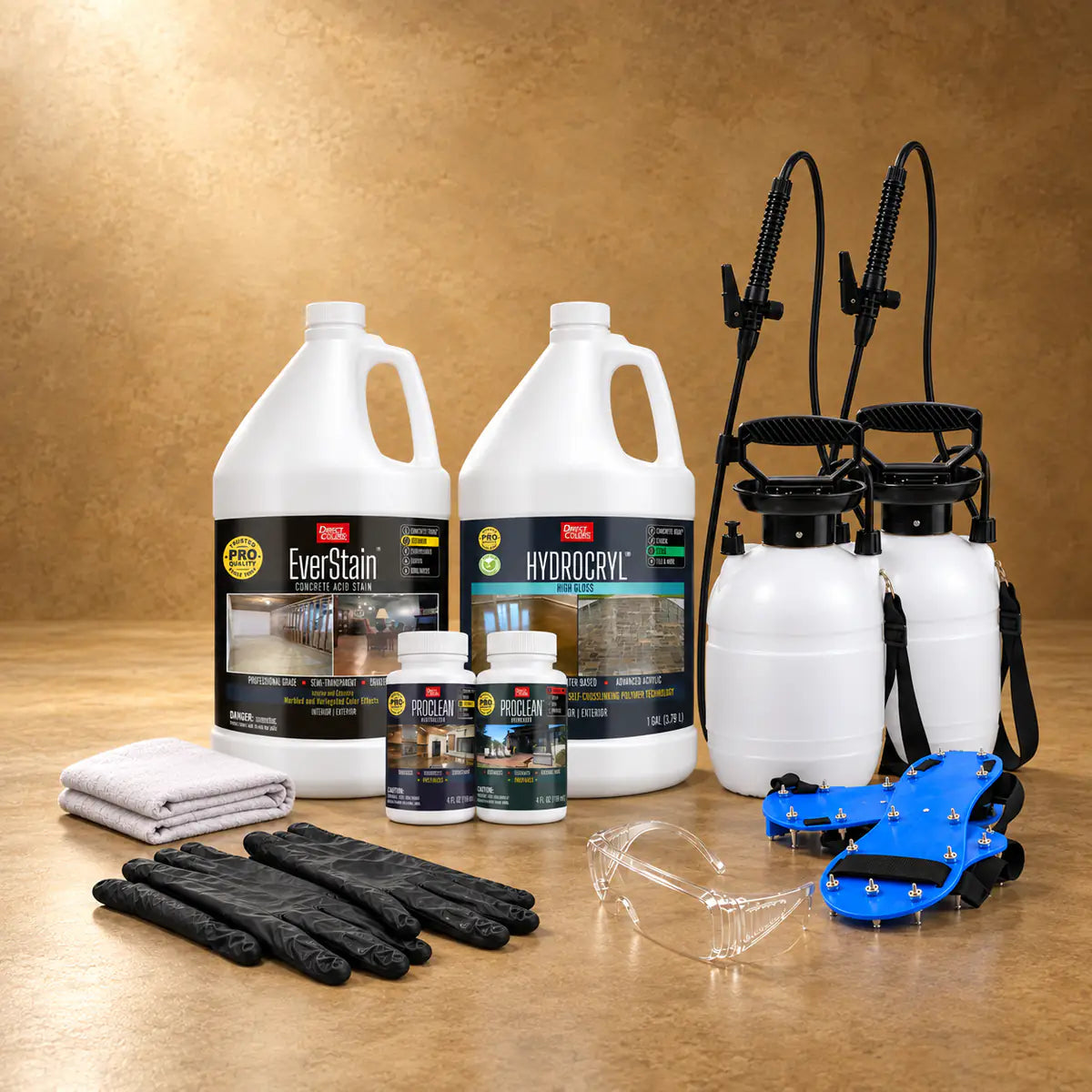 EverStain™ Acid Stain in Malayan Buff with ProClean Neutralizer™ and HydroCryl™ High Gloss, a pump sprayer and application tools, 1 gallon 3-step kit