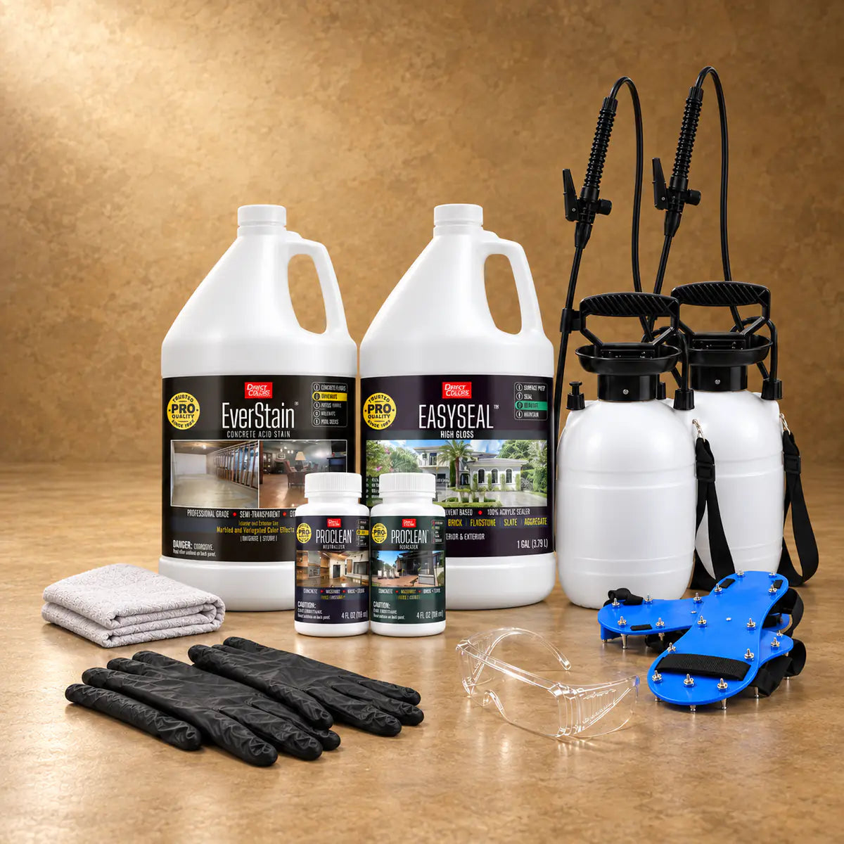 EverStain™ Acid Stain in Malayan Buff with ProClean Neutralizer™ and EasySeal™ High Gloss, a pump sprayer and application tools, 1 gallon 3-step kit