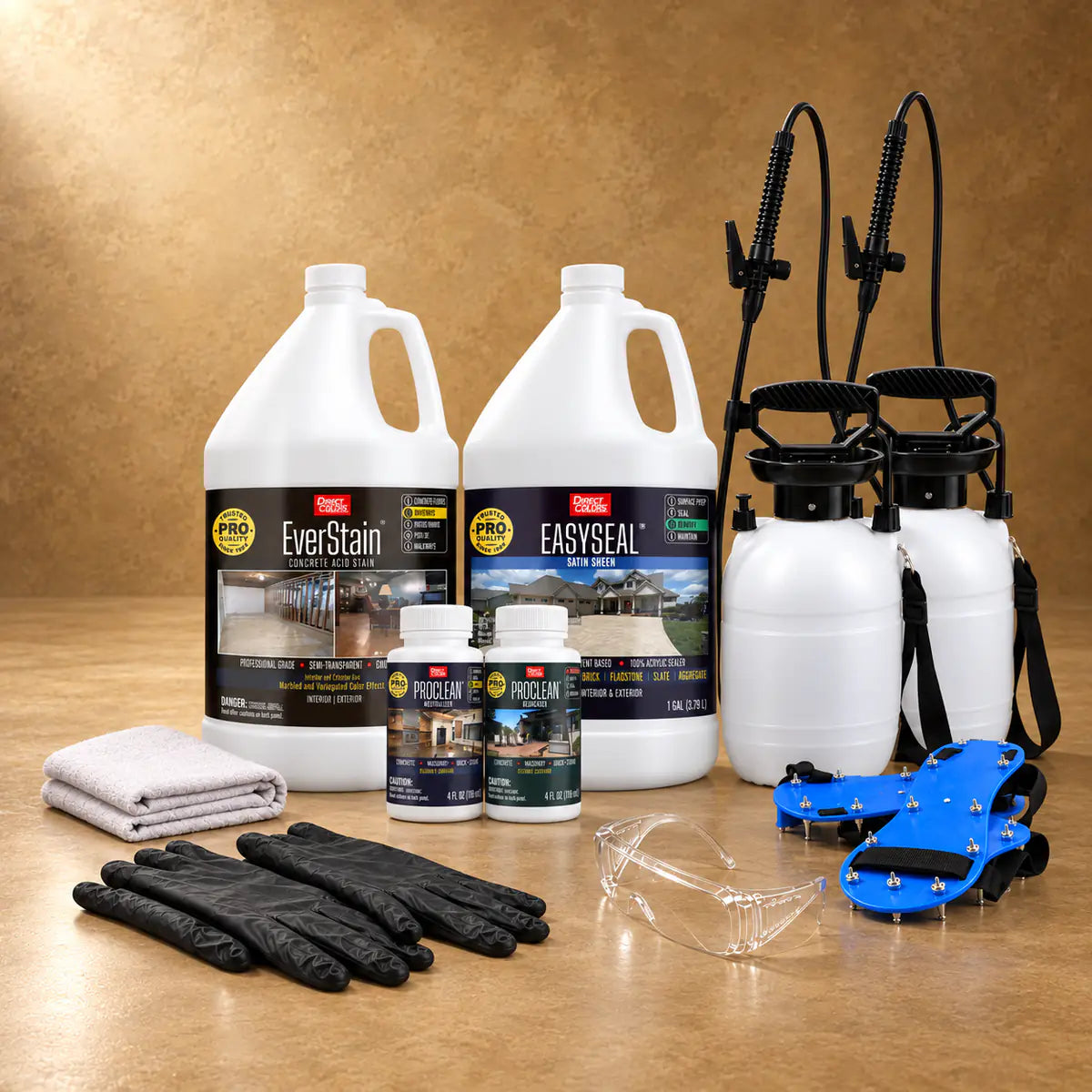 EverStain™ Acid Stain in Malayan Buff with ProClean Neutralizer™ and EasySeal™ Satin, a pump sprayer and application tools, 1 gallon 3-step kit