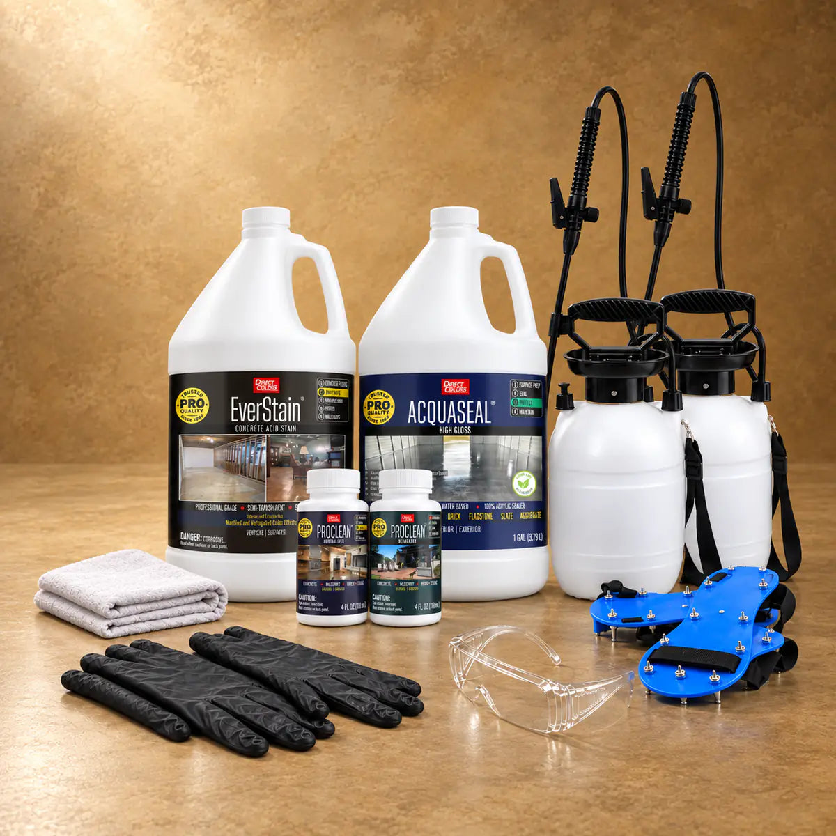 EverStain™ Acid Stain in Malayan Buff with ProClean Neutralizer™ and AcquaSeal™ High Gloss, a pump sprayer and application tools, 1 gallon 3-step kit