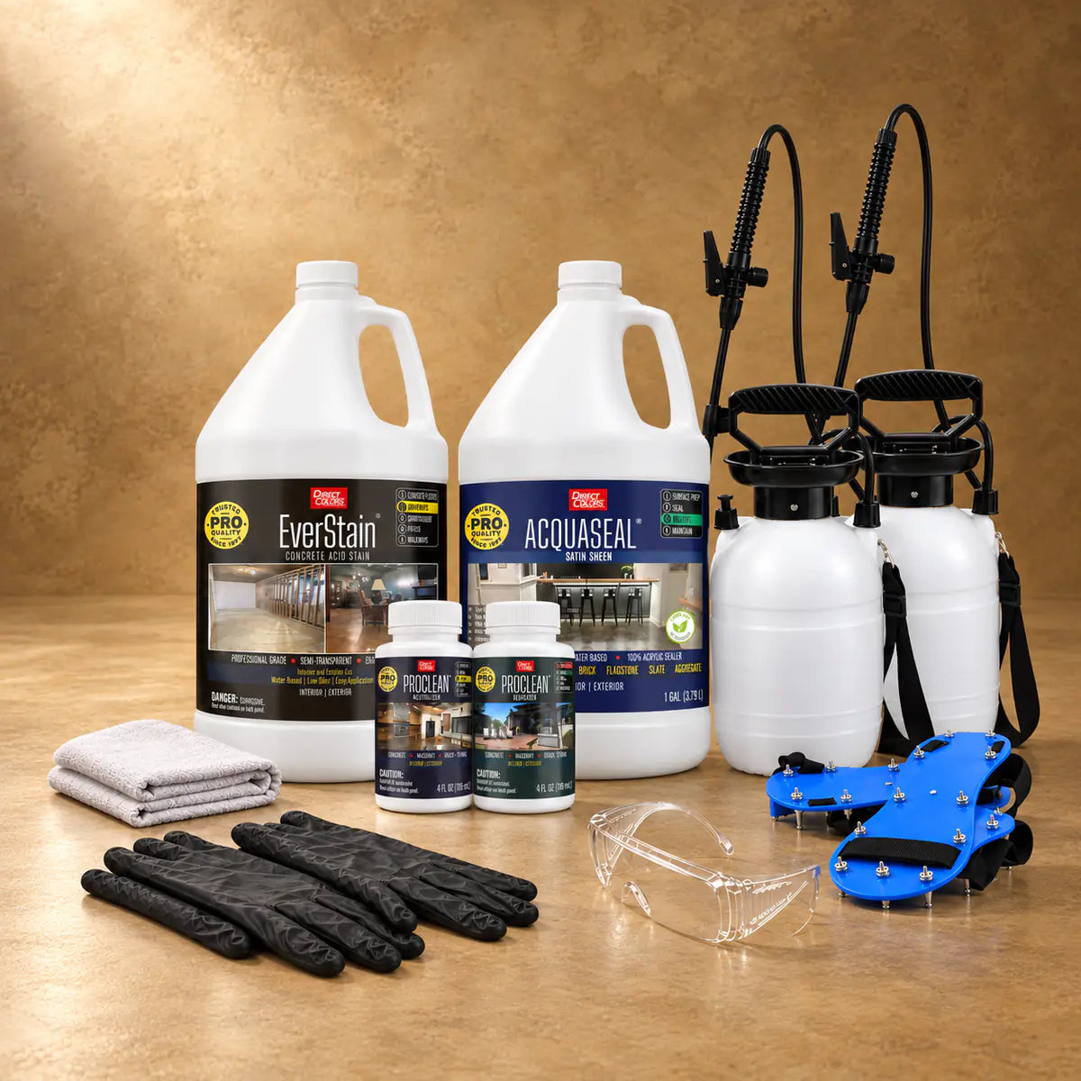 EverStain™ Acid Stain in Malayan Buff with ProClean Neutralizer™ and AcquaSeal™ Satin, a pump sprayer and application tools, 1 gallon 3-step kit