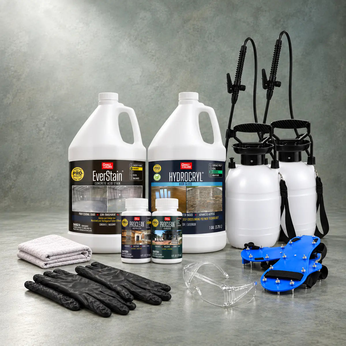 EverStain™ Acid Stain in Seagrass with ProClean Neutralizer™ and HydroCryl™ High Gloss, a pump sprayer and application tools, 1 gallon 3-step kit