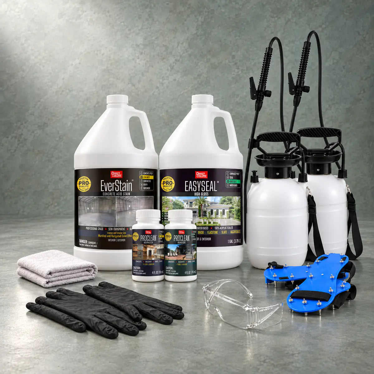 EverStain™ Acid Stain in Seagrass with ProClean Neutralizer™ and EasySeal™ High Gloss, a pump sprayer and application tools, 1 gallon 3-step kit