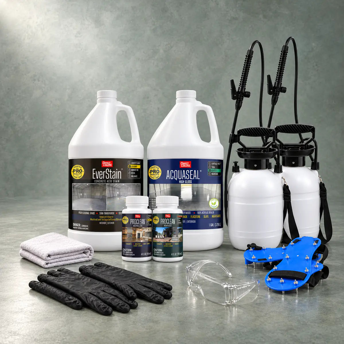 EverStain™ Acid Stain in Seagrass with ProClean Neutralizer™ and AcquaSeal™ High Gloss, a pump sprayer and application tools, 1 gallon 3-step kit