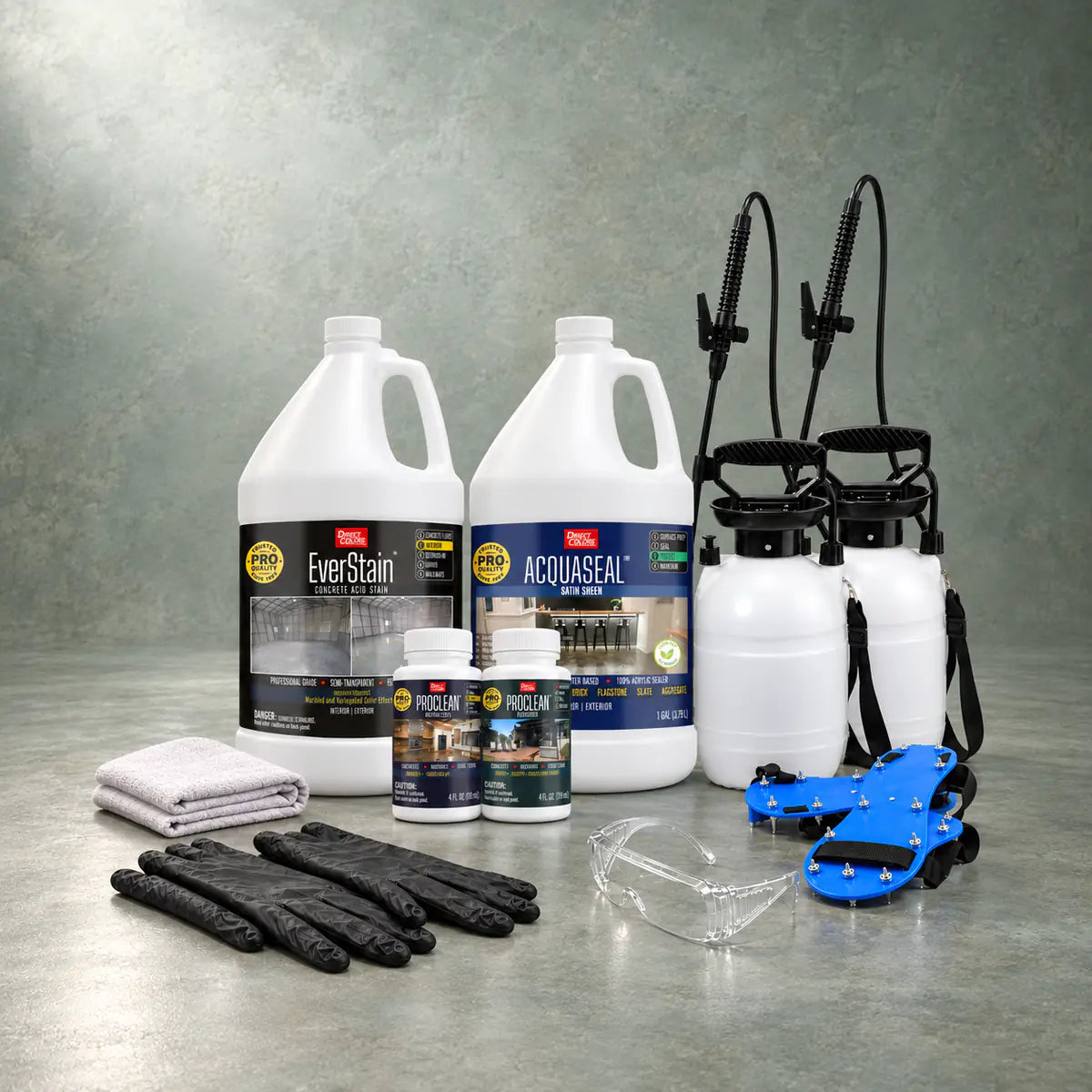 EverStain™ Acid Stain in Seagrass with ProClean Neutralizer™ and AcquaSeal™ Satin, a pump sprayer and application tools, 1 gallon 3-step kit