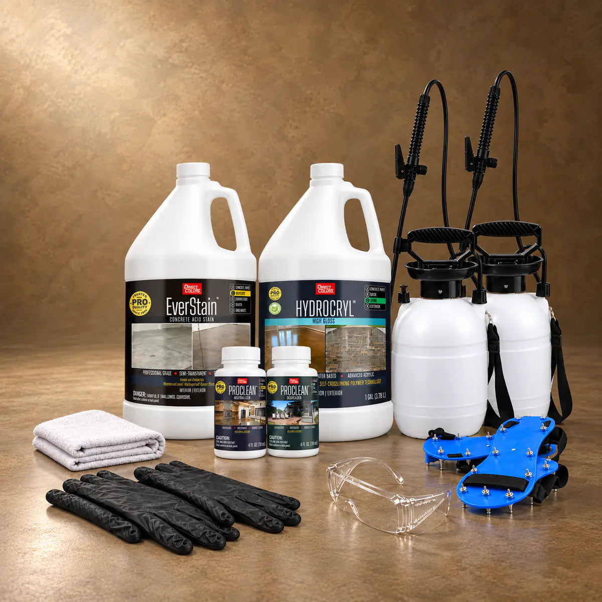 EverStain™ Acid Stain in Shifting Sand with ProClean Neutralizer™ and HydroCryl™ High Gloss, a pump sprayer and application tools, 1 gallon 3-step kit