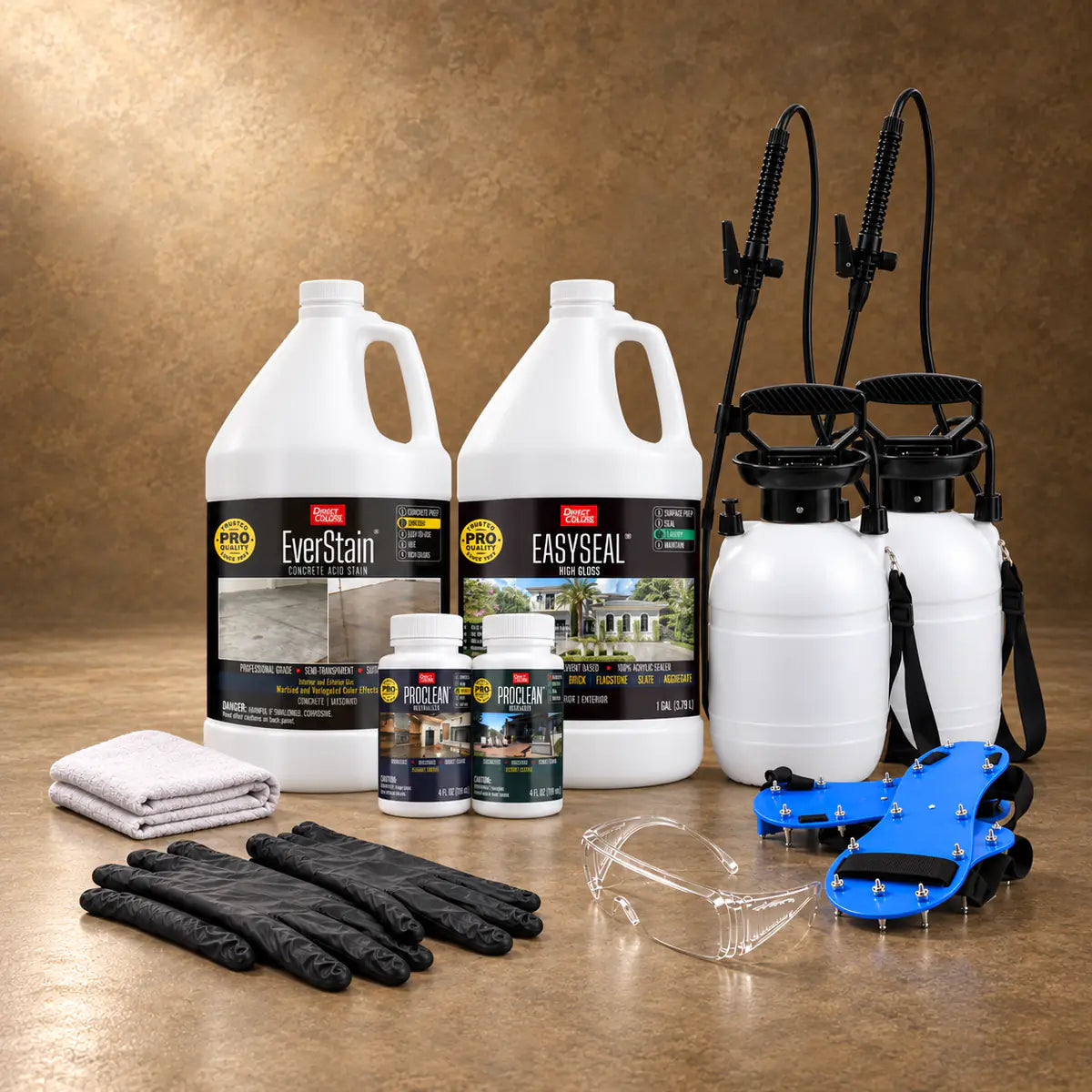 EverStain™ Acid Stain in Shifting Sand with ProClean Neutralizer™ and EasySeal™ High Gloss, a pump sprayer and application tools, 1 gallon 3-step kit