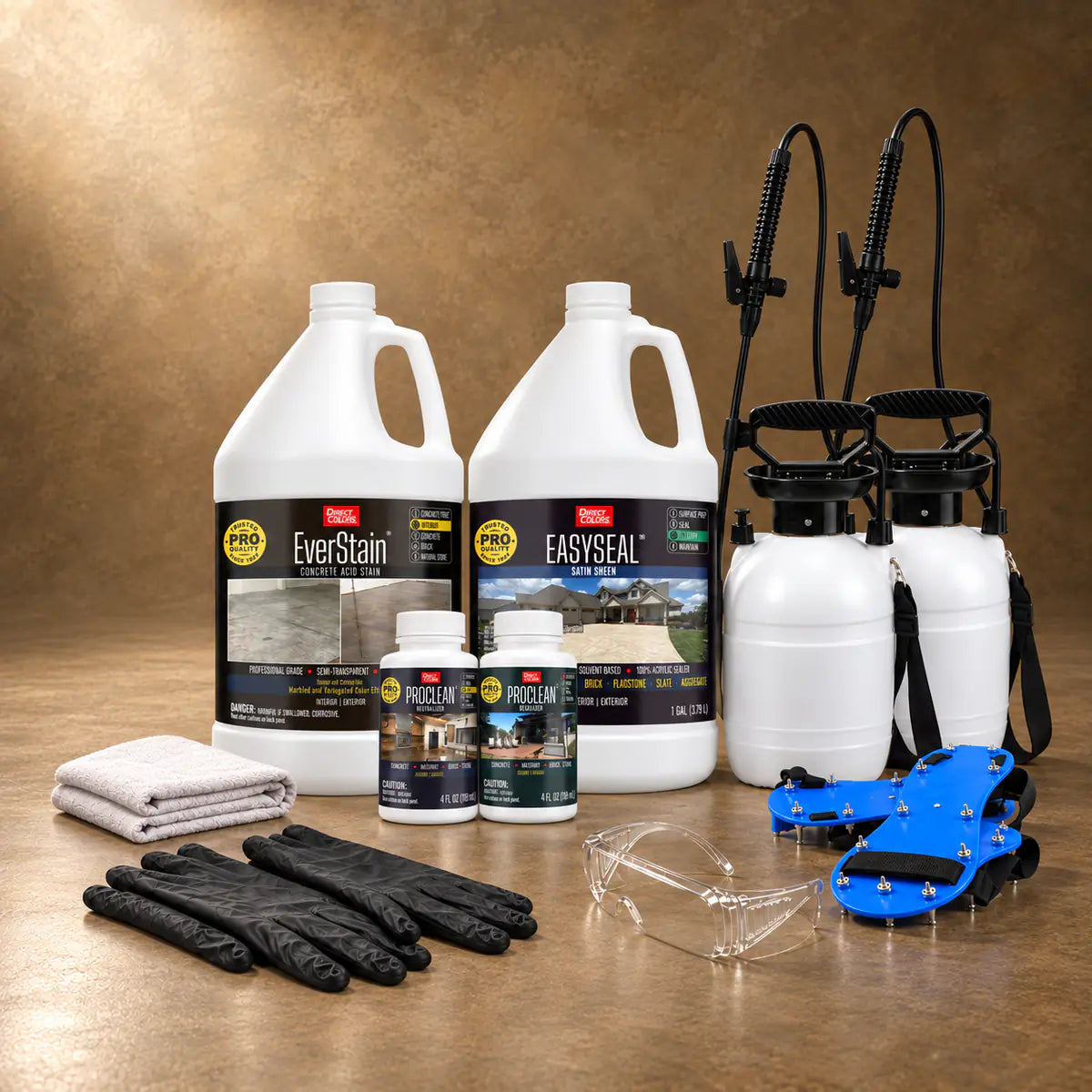 EverStain™ Acid Stain in Shifting Sand with ProClean Neutralizer™ and EasySeal™ Satin, a pump sprayer and application tools, 1 gallon 3-step kit