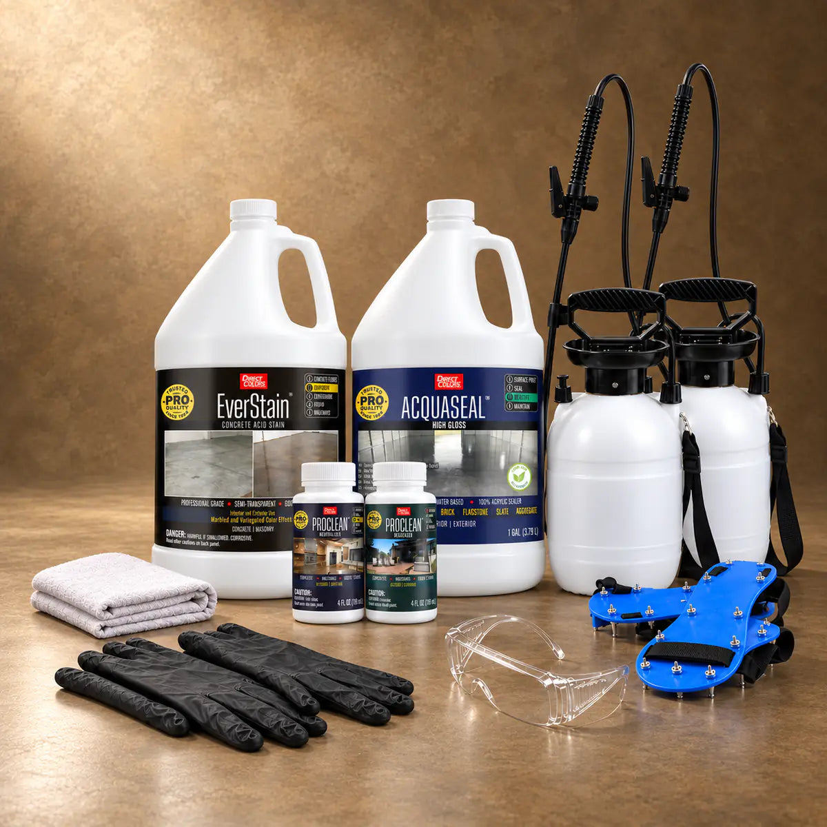 EverStain™ Acid Stain in Shifting Sand with ProClean Neutralizer™ and AcquaSeal™ High Gloss, a pump sprayer and application tools, 1 gallon 3-step kit