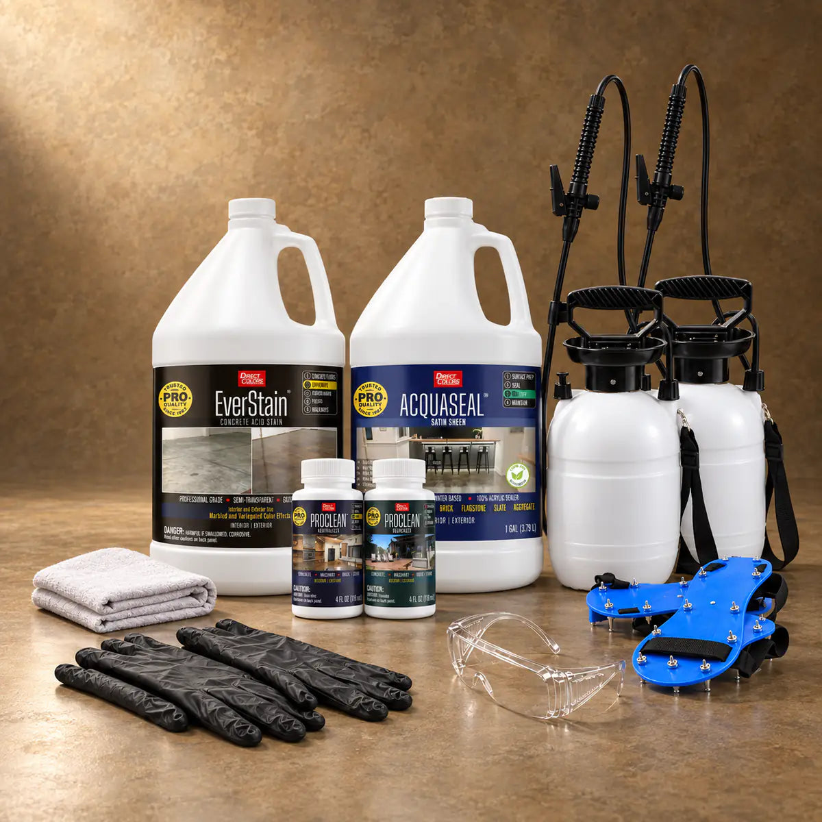EverStain™ Acid Stain in Shifting Sand with ProClean Neutralizer™ and AcquaSeal™ Satin, a pump sprayer and application tools, 1 gallon 3-step kit