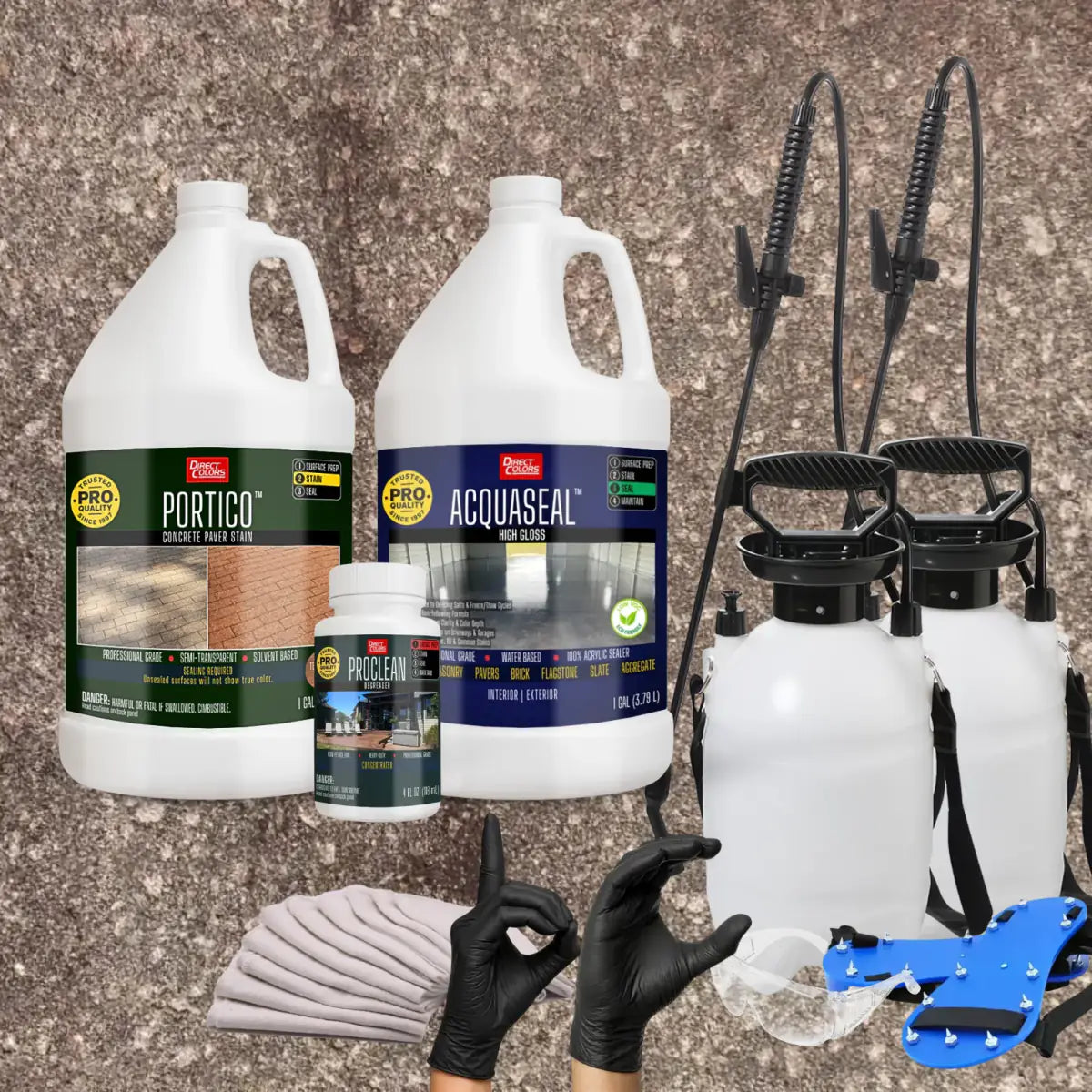 Portico™ Paver Stain in 701 Auburn with AcquaSeal™ High Gloss, a pump sprayer and application tools, 1 gallon 2-step kit