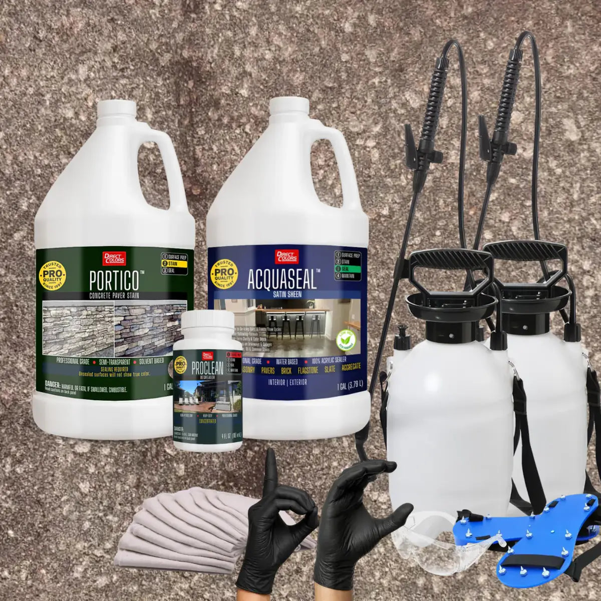 Portico™ Paver Stain in 701 Auburn with AcquaSeal™ Satin, a pump sprayer and application tools, 1 gallon 2-step kit