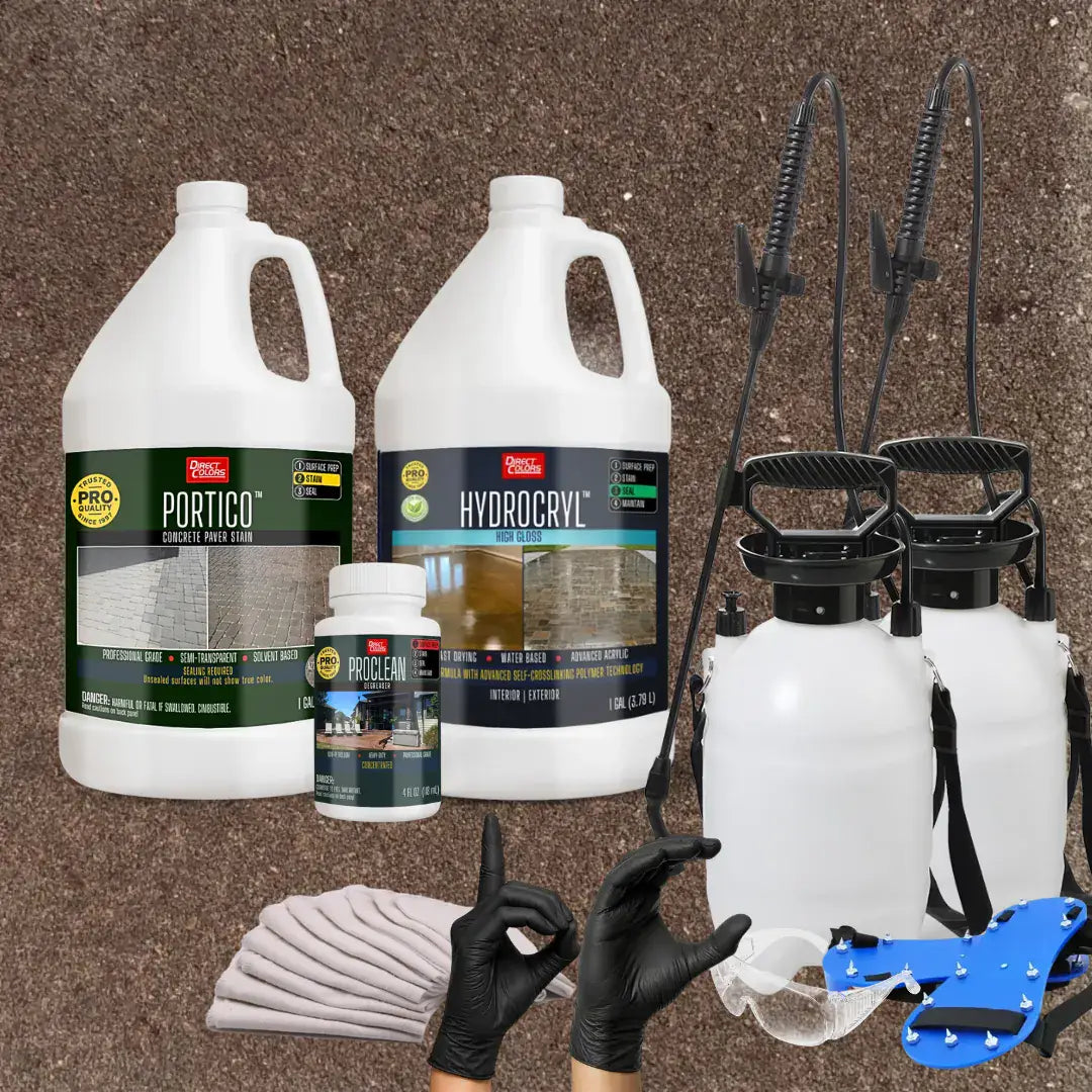 Portico™ Paver Stain in 702 Aztec Brown with HydroCryl™ High Gloss, a pump sprayer and application tools, 1 gallon 2-step kit