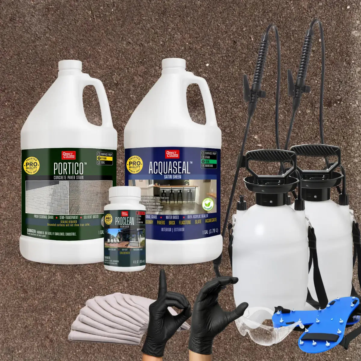Portico™ Paver Stain in 702 Aztec Brown with AcquaSeal™ Satin, a pump sprayer and application tools, 1 gallon 2-step kit