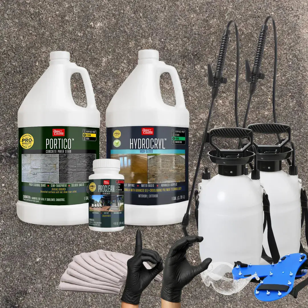 Portico™ Paver Stain in 703 Black with HydroCryl™ High Gloss, a pump sprayer and application tools, 1 gallon 2-step kit
