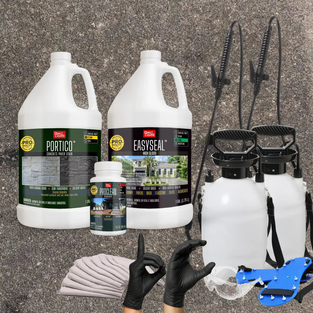 Portico™ Paver Stain in 703 Black with EasySeal™ High Gloss, a pump sprayer and application tools, 1 gallon 2-step kit