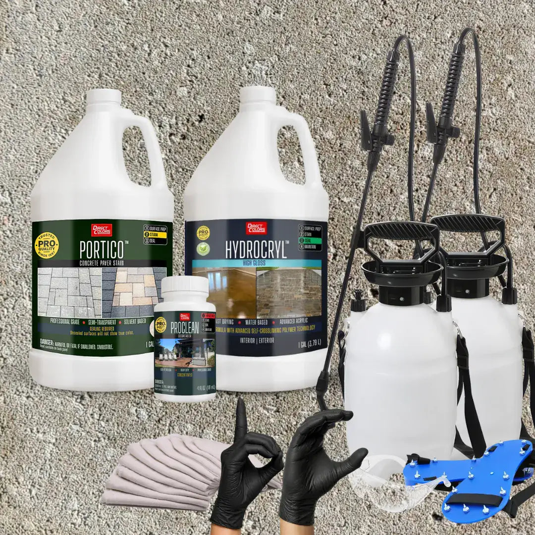 Portico™ Paver Stain in 704 Buff with HydroCryl™ High Gloss, a pump sprayer and application tools, 1 gallon 2-step kit