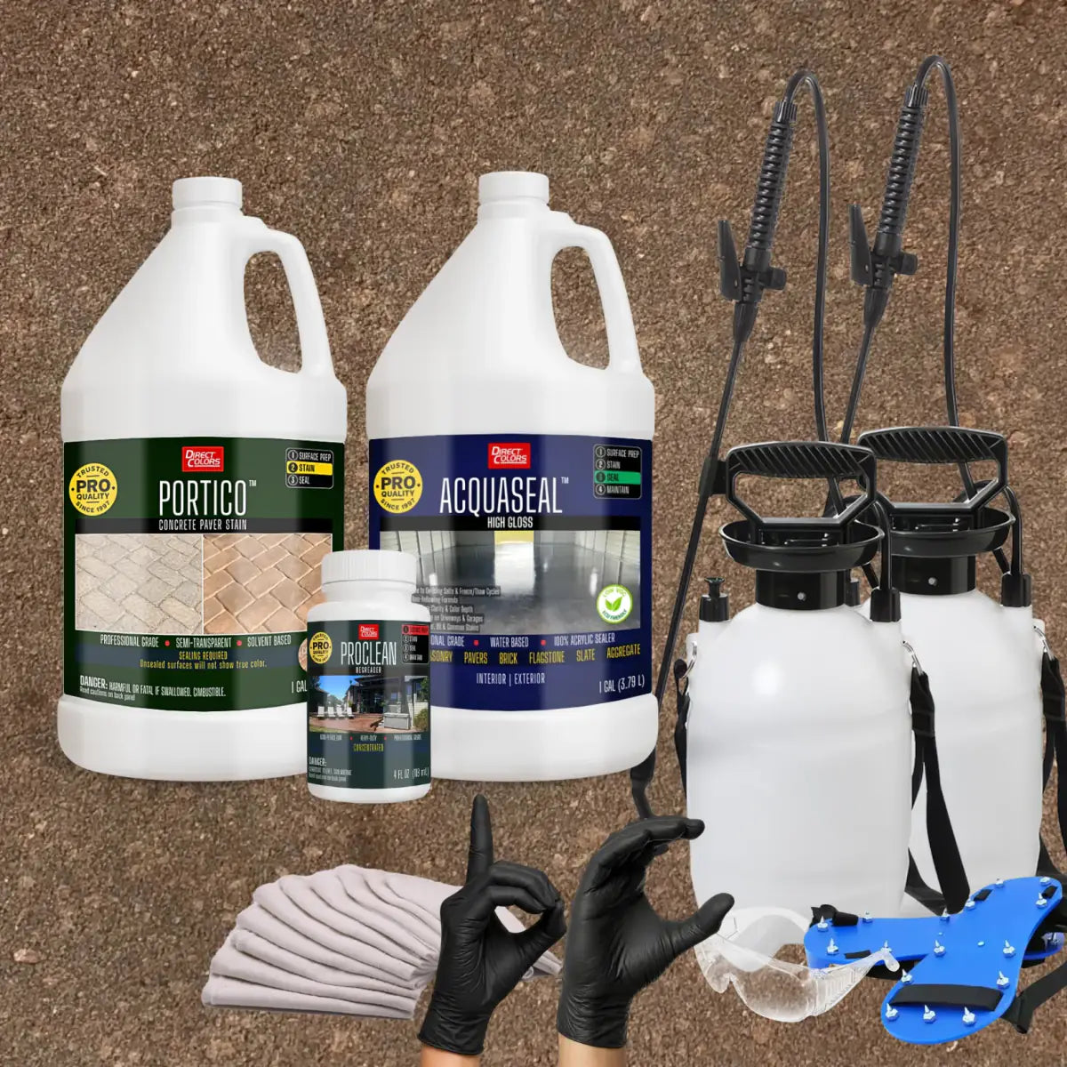 Portico™ Paver Stain in 705 Cafe Royale with AcquaSeal™ High Gloss, a pump sprayer and application tools, 1 gallon 2-step kit