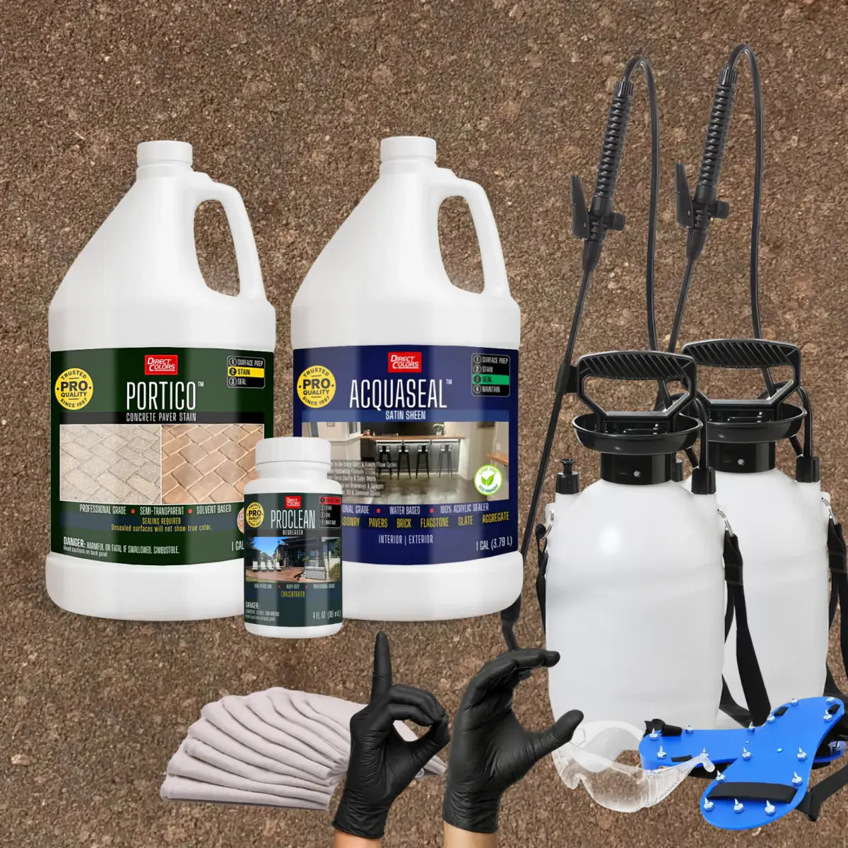 Portico™ Paver Stain in 705 Cafe Royale with AcquaSeal™ Satin, a pump sprayer and application tools, 1 gallon 2-step kit