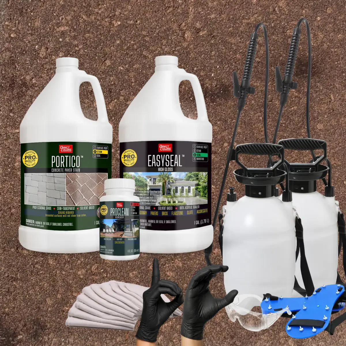 Portico™ Paver Stain in 707 Chocolate with EasySeal™ High Gloss, a pump sprayer and application tools, 1 gallon 2-step kit