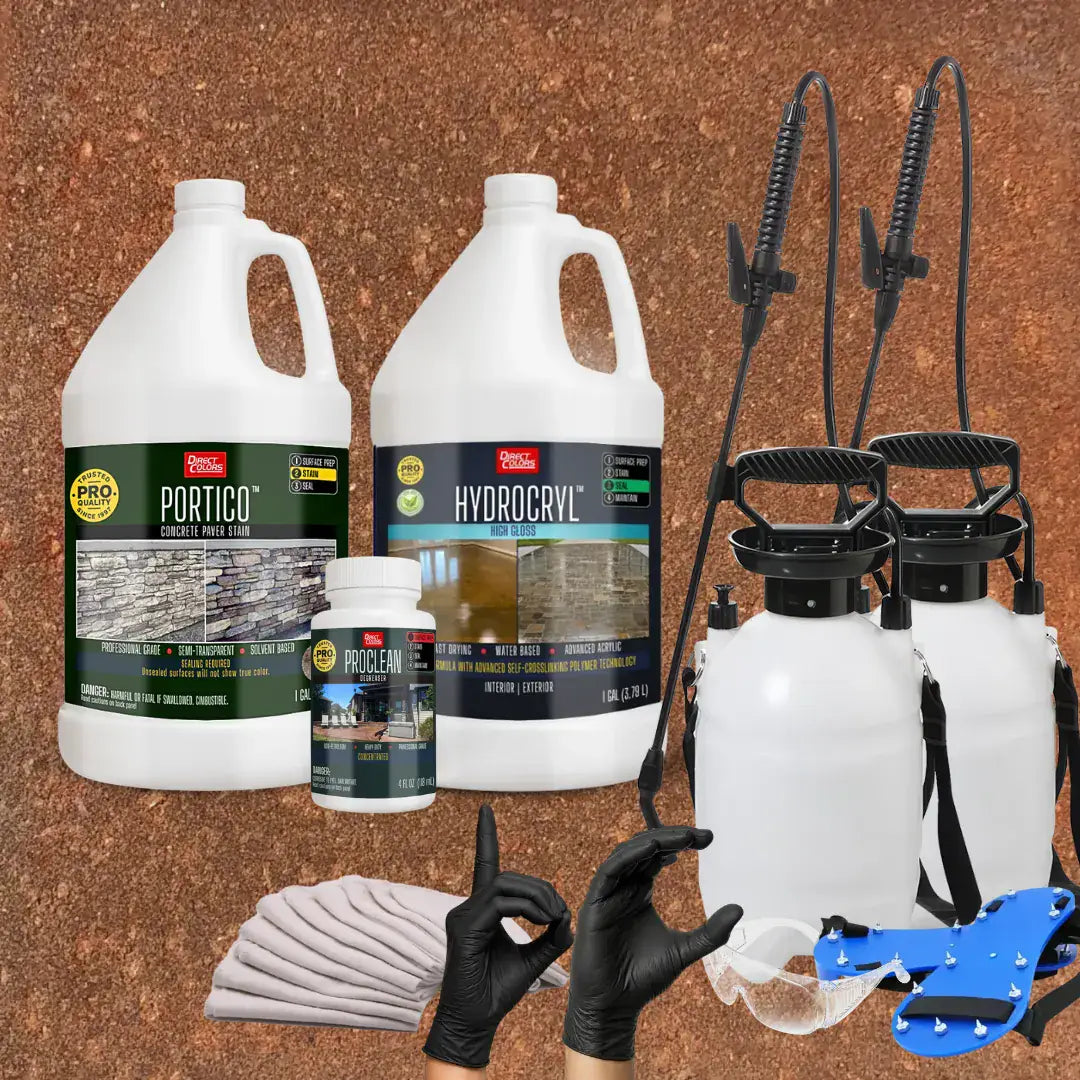 Portico™ Paver Stain in 713 Terracotta with HydroCryl™ High Gloss, a pump sprayer and application tools, 1 gallon 2-step kit