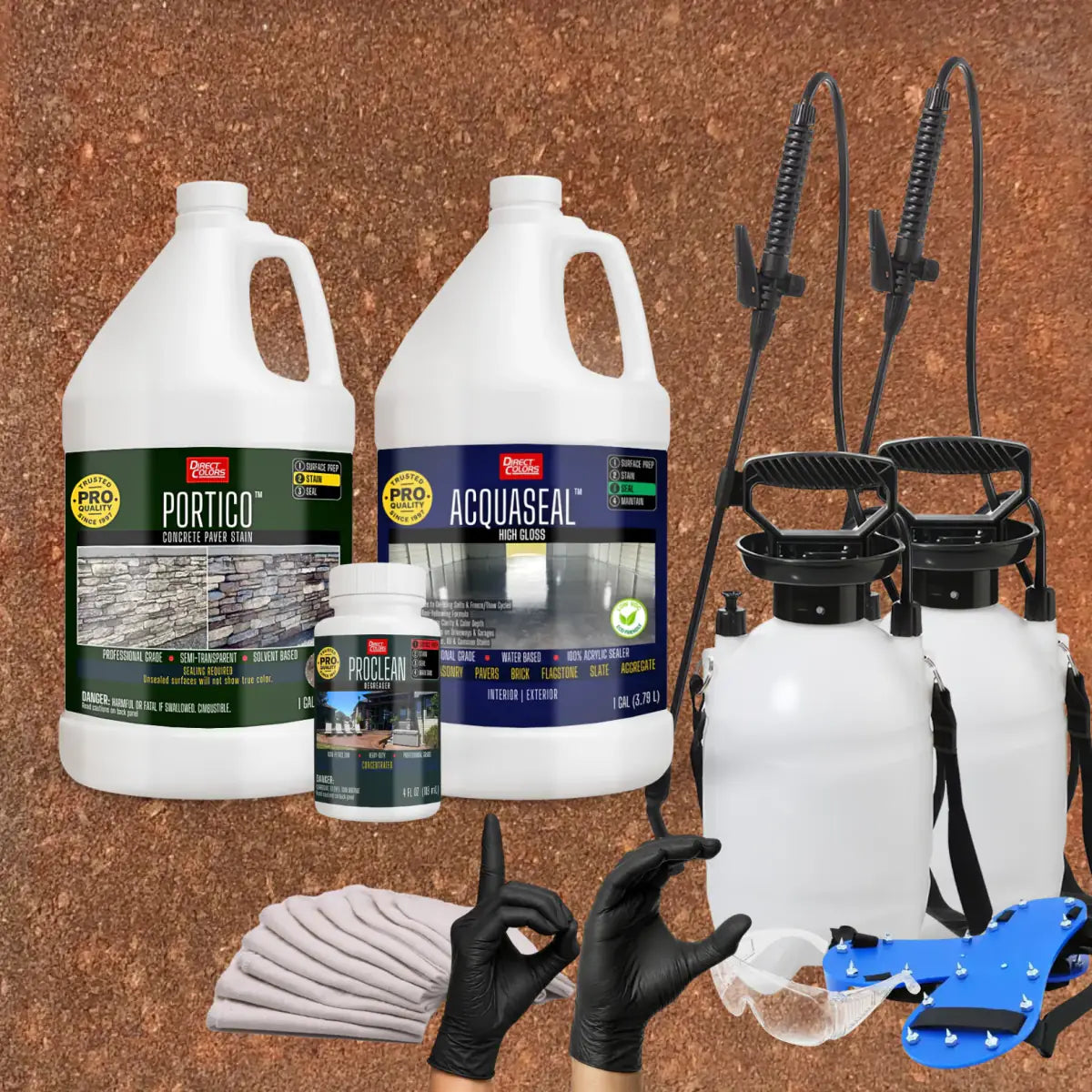 Portico™ Paver Stain in 713 Terracotta with AcquaSeal™ High Gloss, a pump sprayer and application tools, 1 gallon 2-step kit