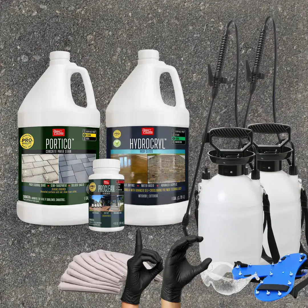 Portico™ Paver Stain in 715 Gray with HydroCryl™ High Gloss, a pump sprayer and application tools, 1 gallon 2-step kit