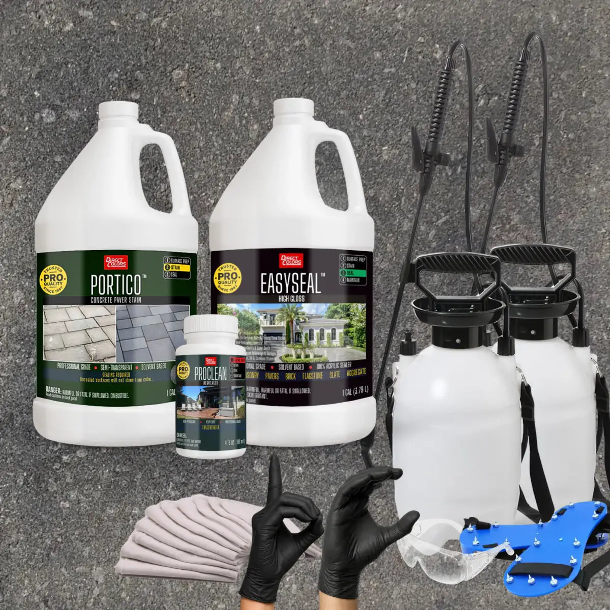 Portico™ Paver Stain in 715 Gray with EasySeal™ High Gloss, a pump sprayer and application tools, 1 gallon 2-step kit