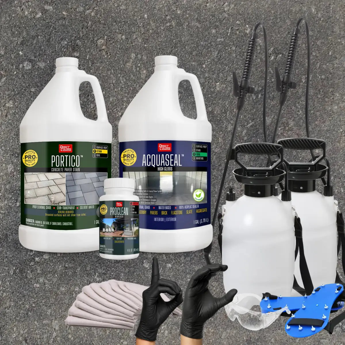 Portico™ Paver Stain in 715 Gray with AcquaSeal™ High Gloss, a pump sprayer and application tools, 1 gallon 2-step kit
