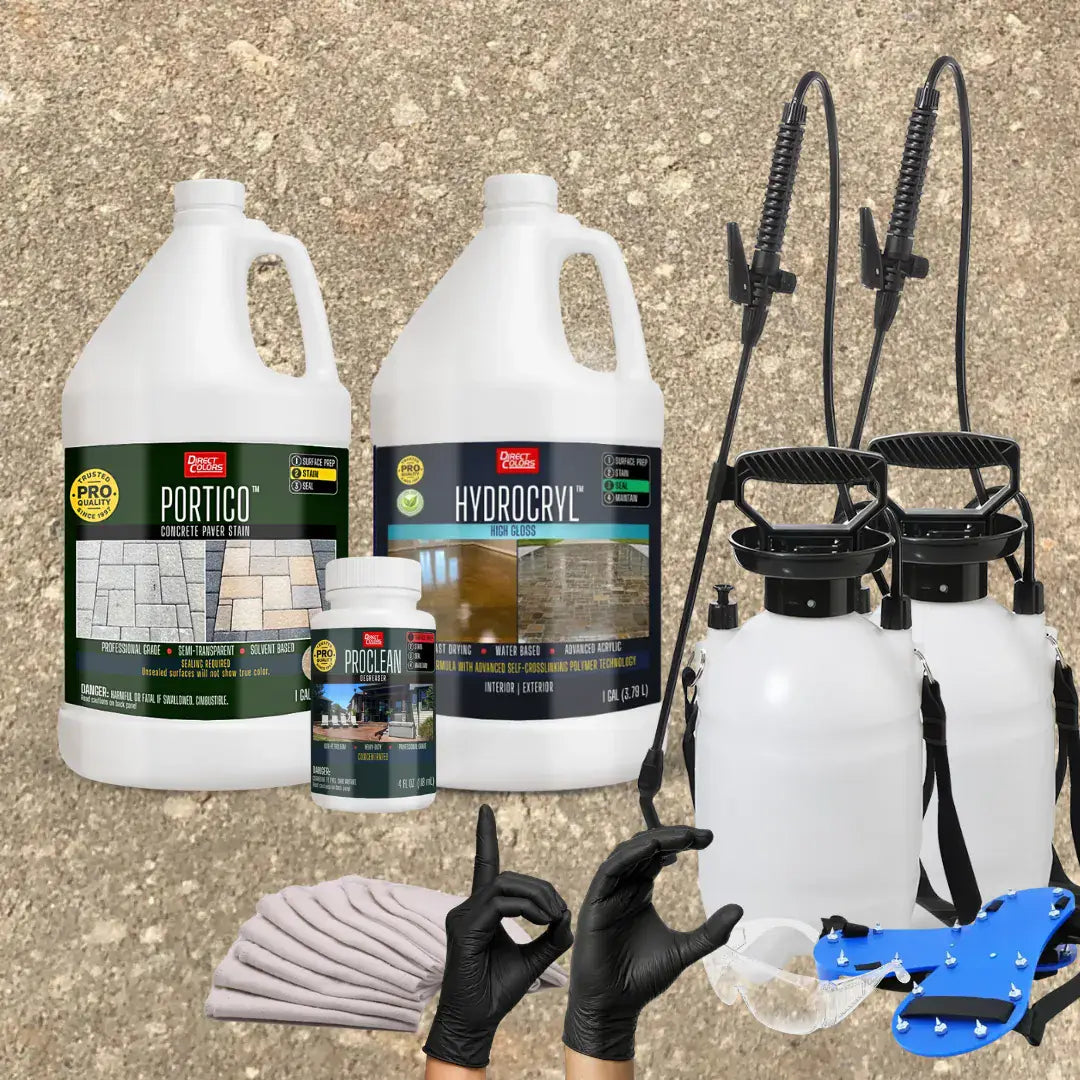 Portico™ Paver Stain in 716 Khaki with HydroCryl™ High Gloss, a pump sprayer and application tools, 1 gallon 2-step kit