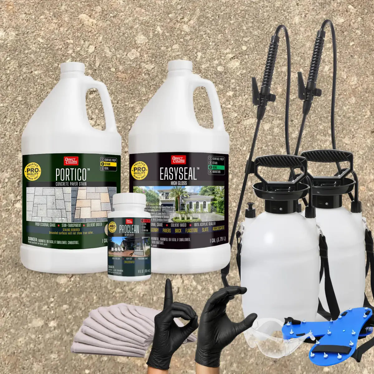 Portico™ Paver Stain in 716 Khaki with EasySeal™ High Gloss, a pump sprayer and application tools, 1 gallon 2-step kit