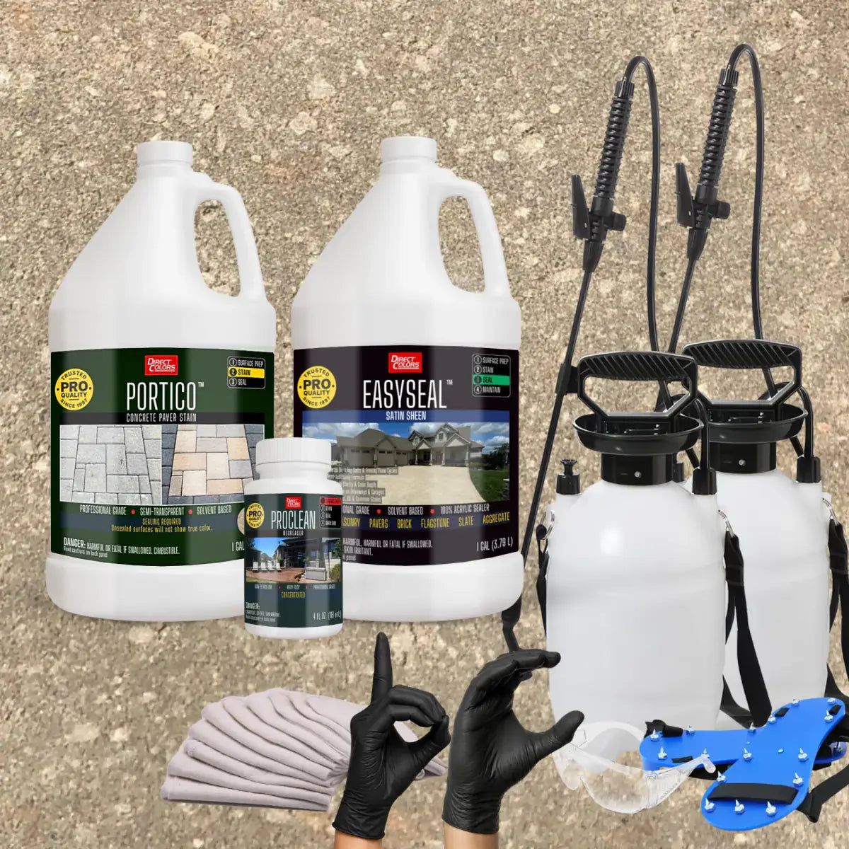 Portico™ Paver Stain in 716 Khaki with EasySeal™ Satin, a pump sprayer and application tools, 1 gallon 2-step kit