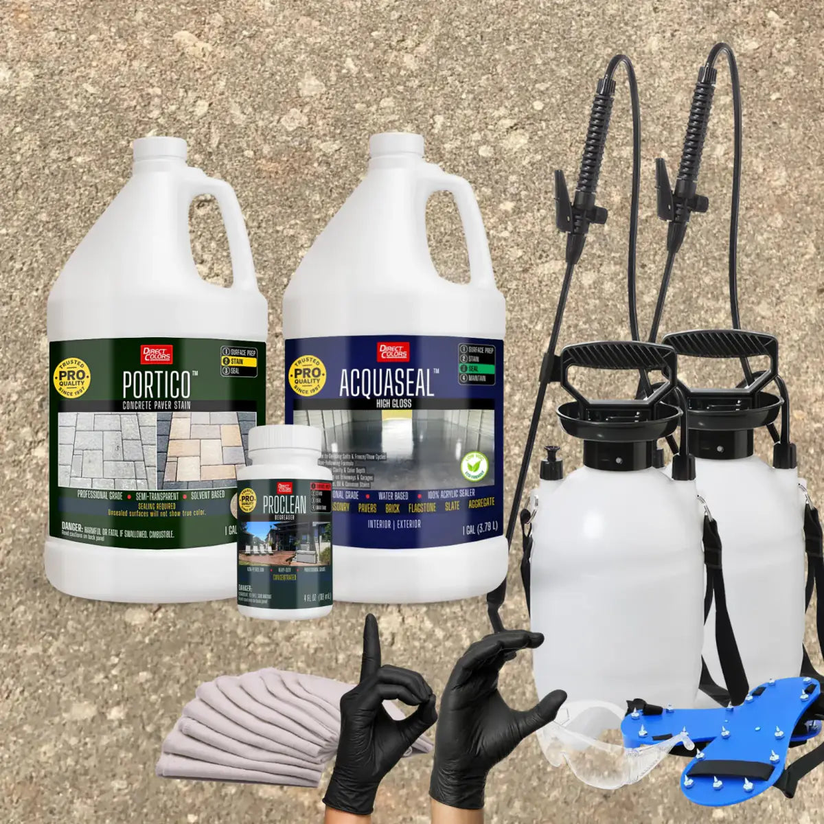 Portico™ Paver Stain in 716 Khaki with AcquaSeal™ High Gloss, a pump sprayer and application tools, 1 gallon 2-step kit