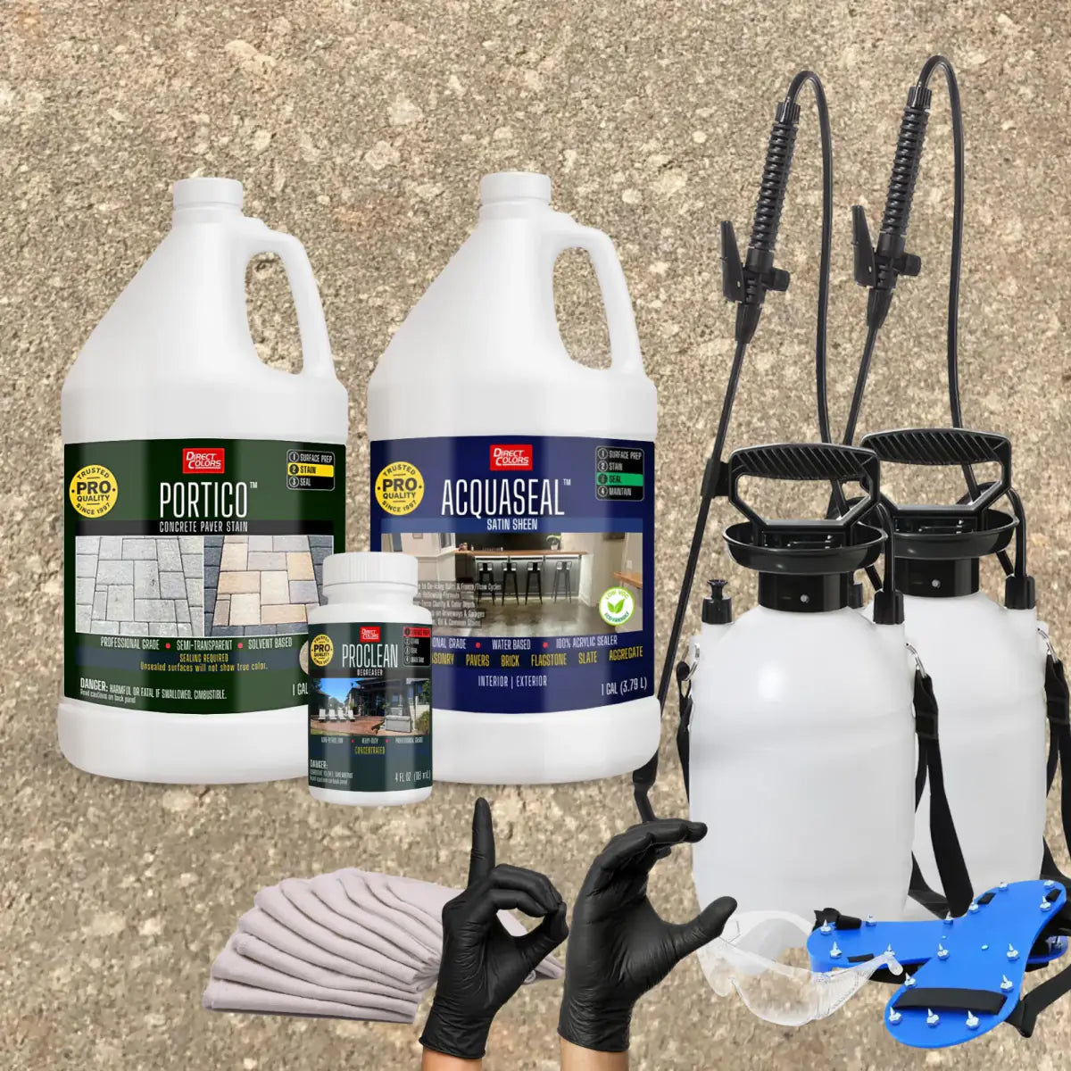 Portico™ Paver Stain in 716 Khaki with AcquaSeal™ Satin, a pump sprayer and application tools, 1 gallon 2-step kit