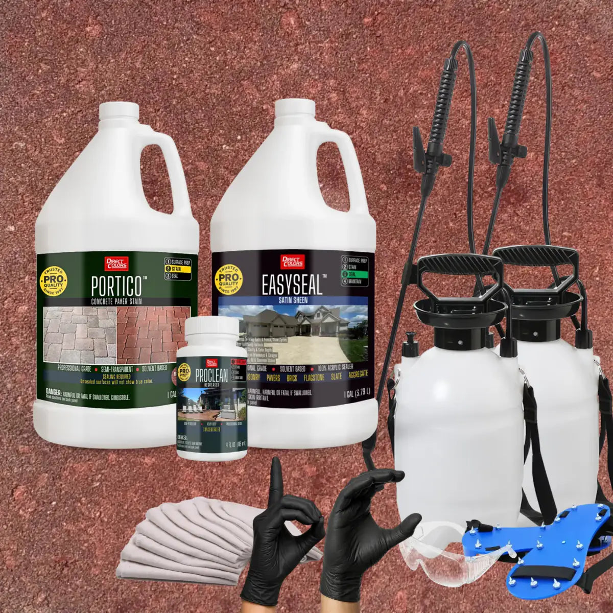 Portico™ Paver Stain in 719 Milano Red with EasySeal™ Satin, a pump sprayer and application tools, 1 gallon 2-step kit