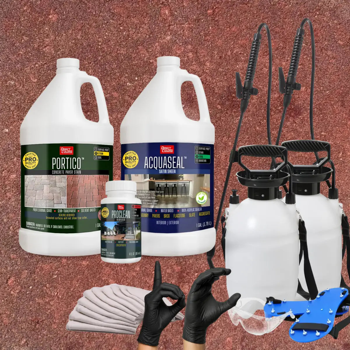 Portico™ Paver Stain in 719 Milano Red with AcquaSeal™ Satin, a pump sprayer and application tools, 1 gallon 2-step kit