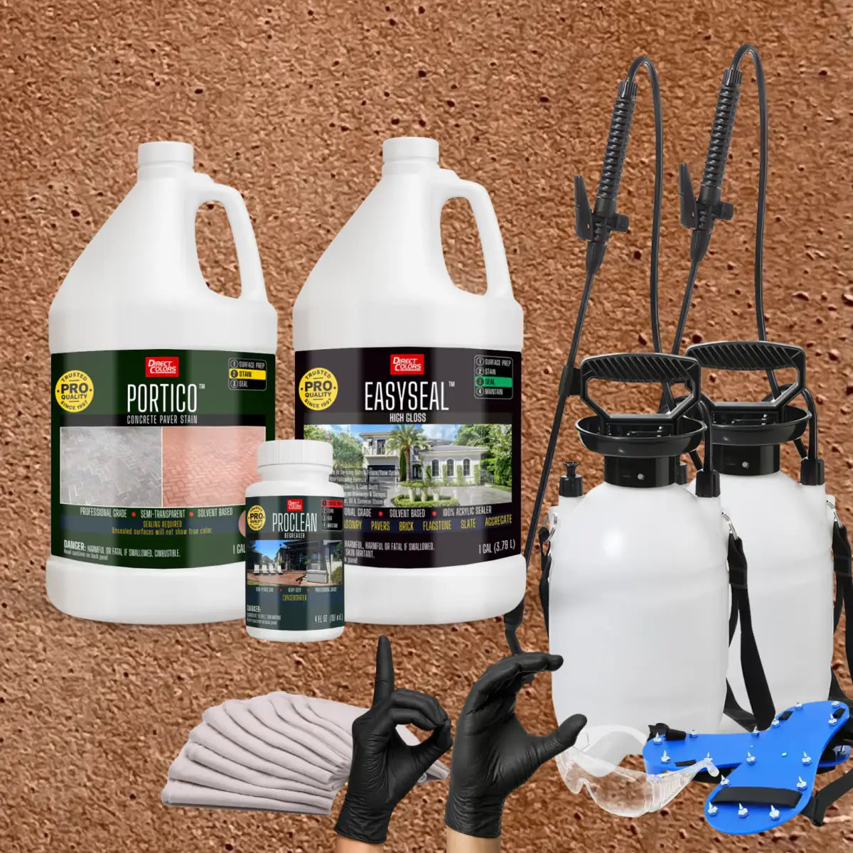 Portico™ Paver Stain in 723 Russet with EasySeal™ High Gloss, a pump sprayer and application tools, 1 gallon 2-step kit
