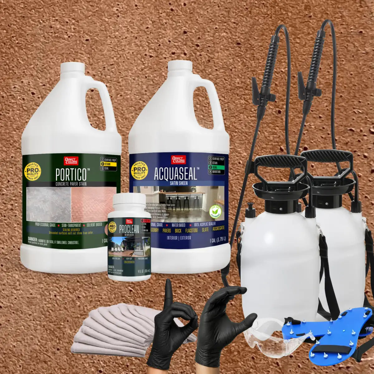 Portico™ Paver Stain in 723 Russet with AcquaSeal™ Satin, a pump sprayer and application tools, 1 gallon 2-step kit