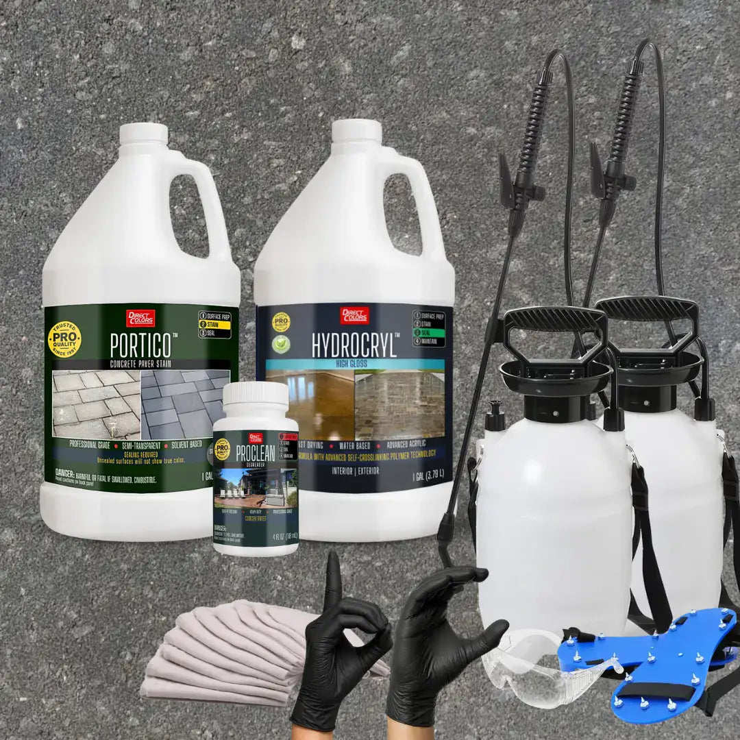 Portico™ Paver Stain in 731 Eagle Gray with HydroCryl™ High Gloss, a pump sprayer and application tools, 1 gallon 2-step kit